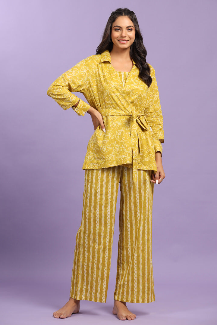 Nui Shibori on Yellow Cotton Three piece Set