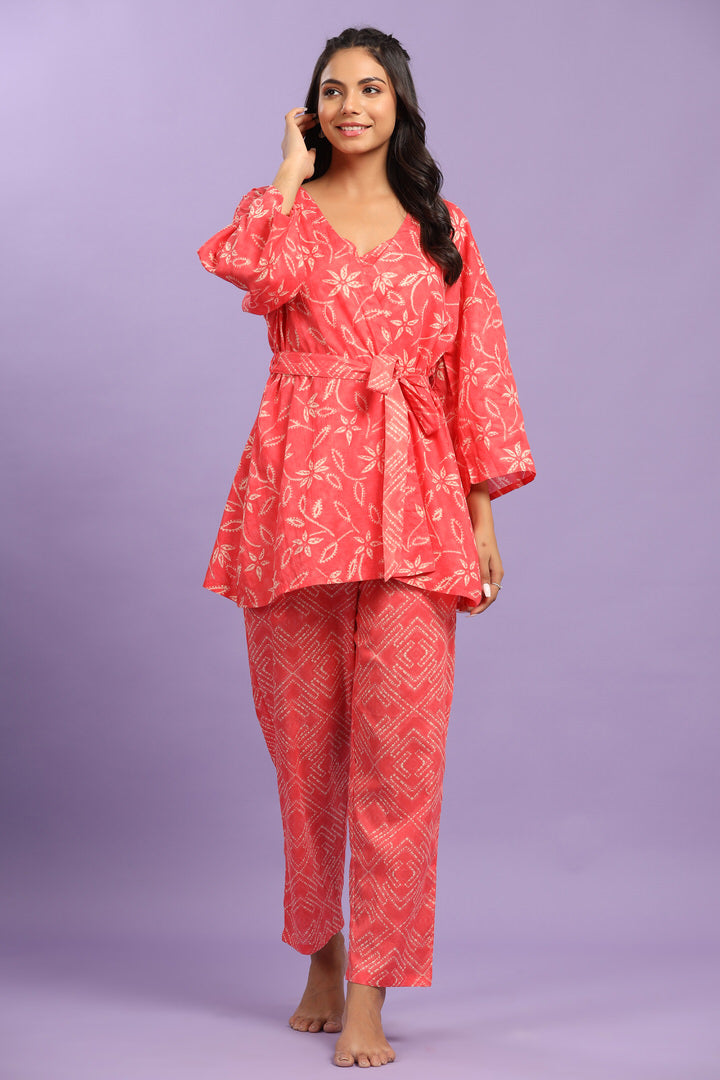 Floral Shibori on Peach Cotton Three Piece Set