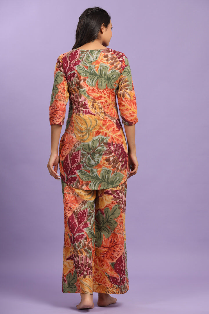 Autumn Leaves on Multicoloured Cotton Palazzo Loungewear Set