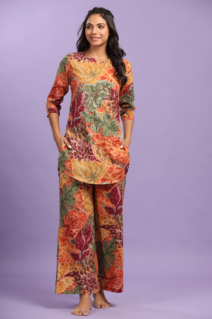 Autumn Leaves on Multicoloured Cotton Palazzo Loungewear Set