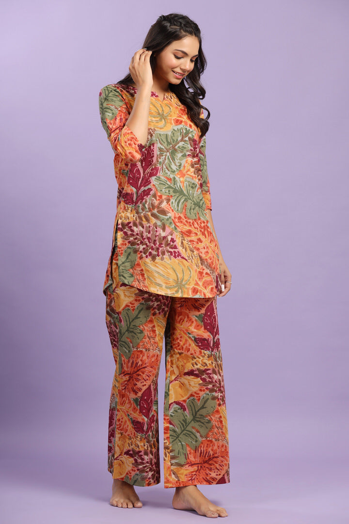 Autumn Leaves on Multicoloured Cotton Palazzo Loungewear Set