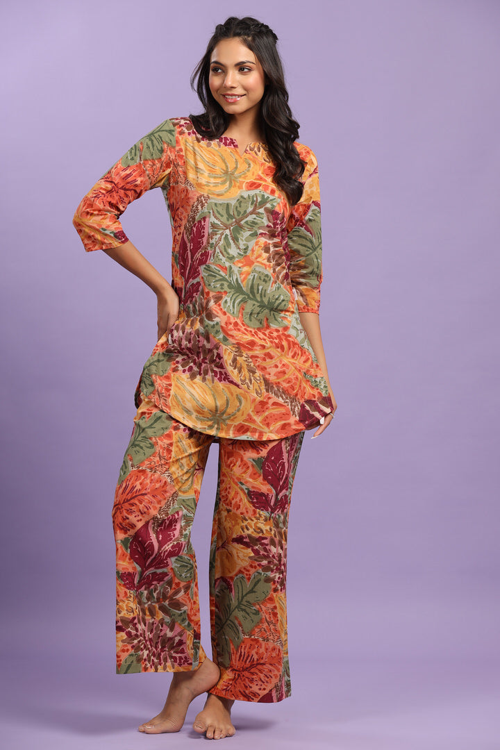 Autumn Leaves on Multicoloured Cotton Palazzo Loungewear Set