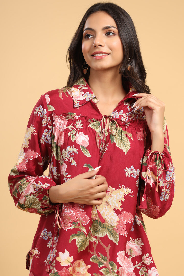 Red Floral Russian Silk Co-ord Set