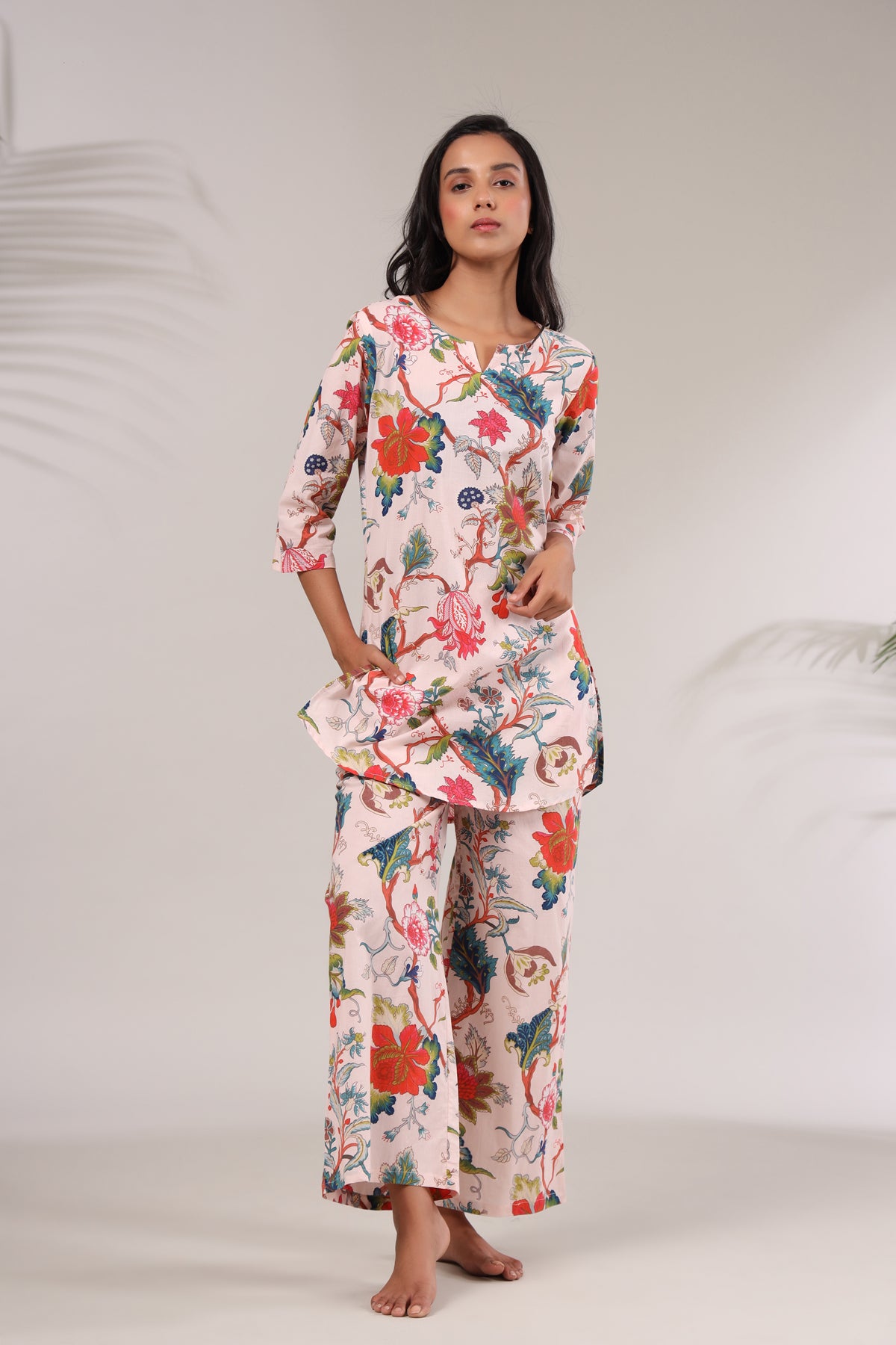 Multicolored Jaal On Pink Loungewear Top Set