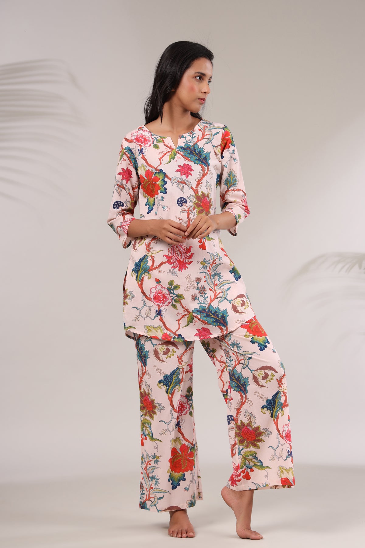 Multicolored Jaal On Pink Loungewear Top Set