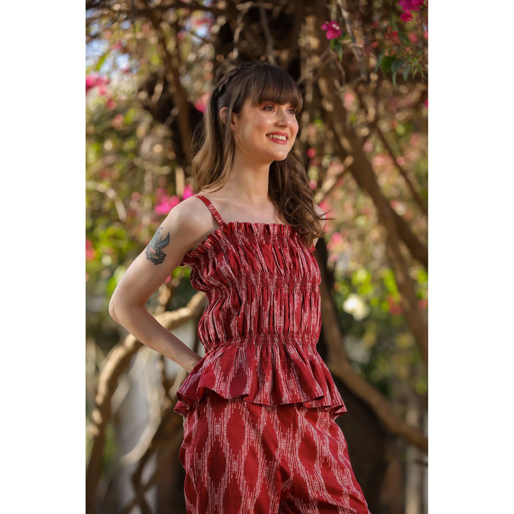 Smocked Co-ord Cotton Maroon set