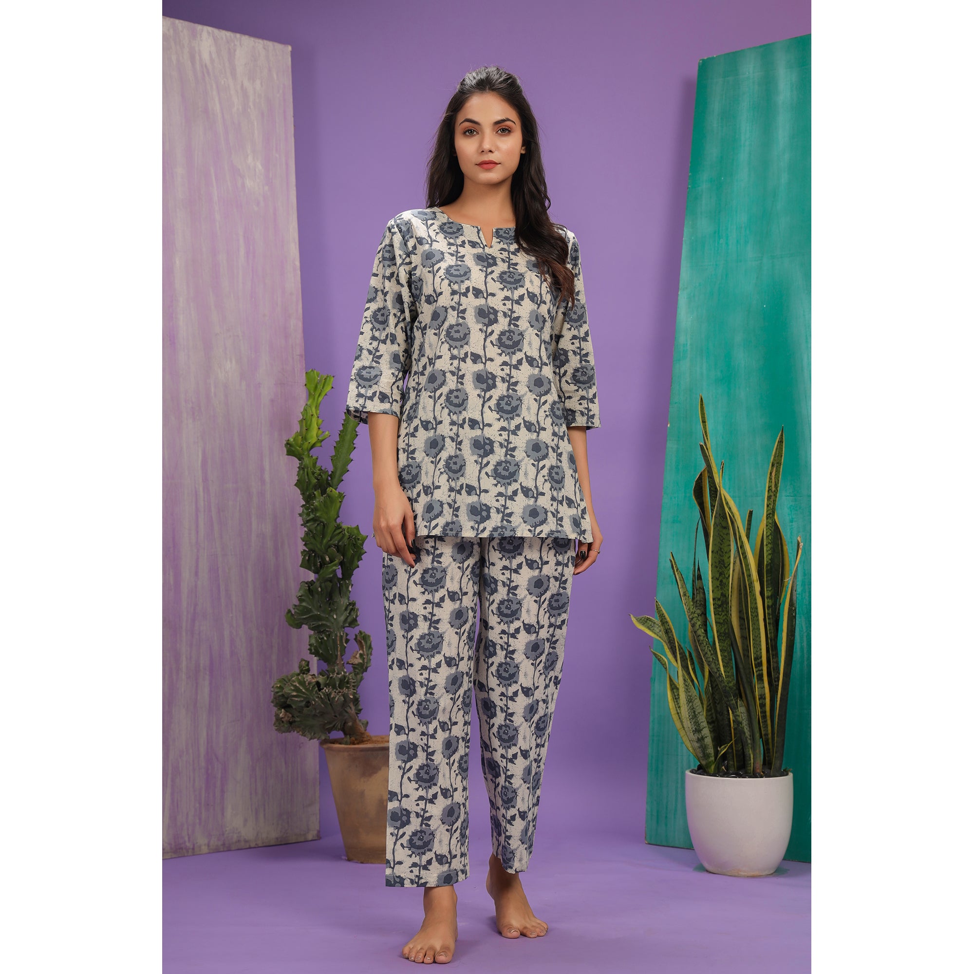 Floral Twines on Off-white Loungewear Top Set