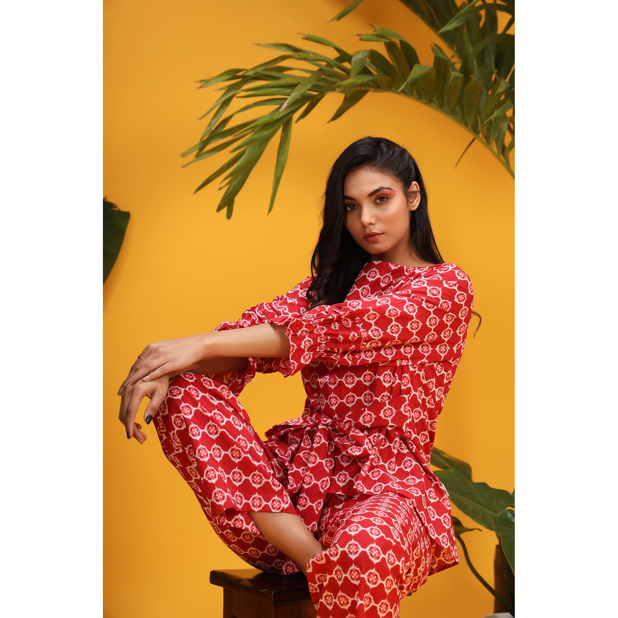 White Glitched Mandala on Red Cotton Co-ord Set