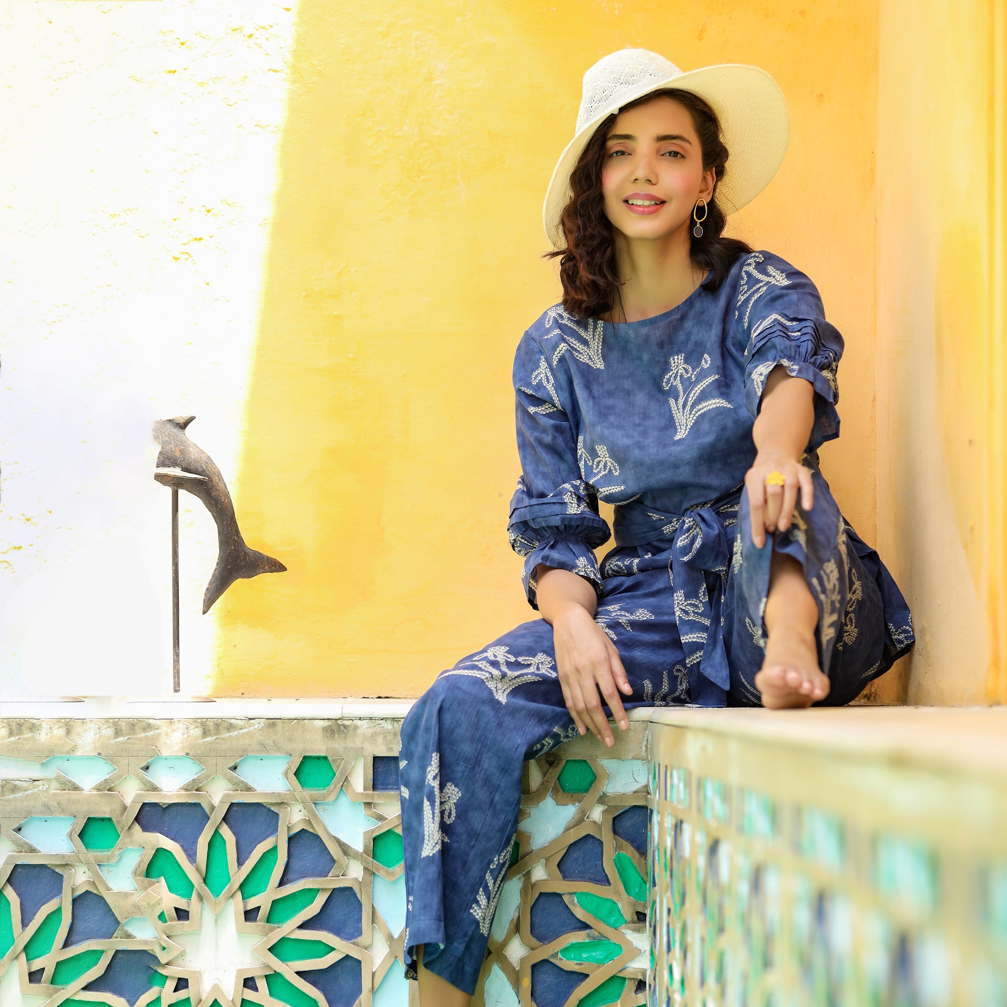 Floweret on Front Knot Blue Cotton Co-ord Set