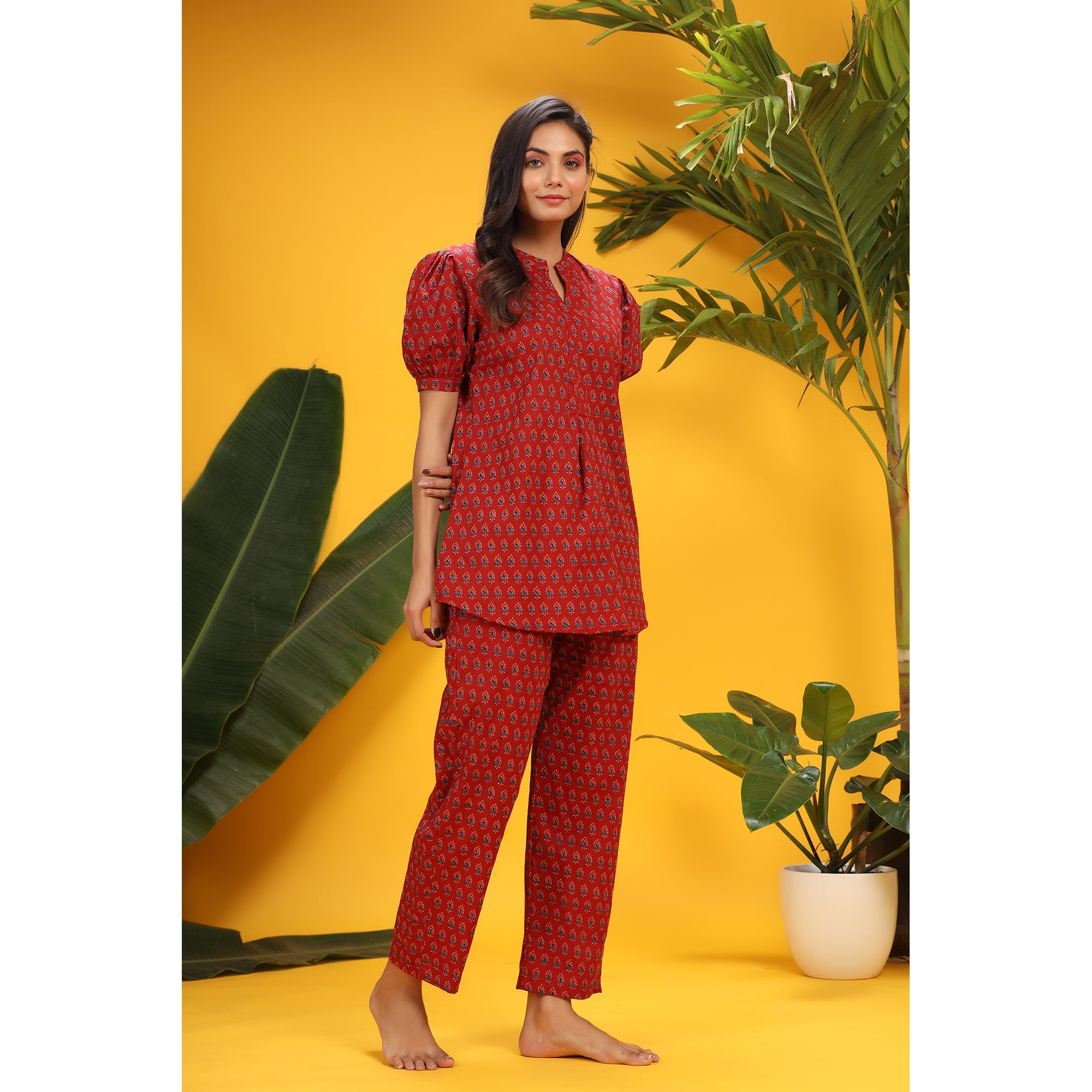 Traditional Motifs on Red Loungewear Top Set