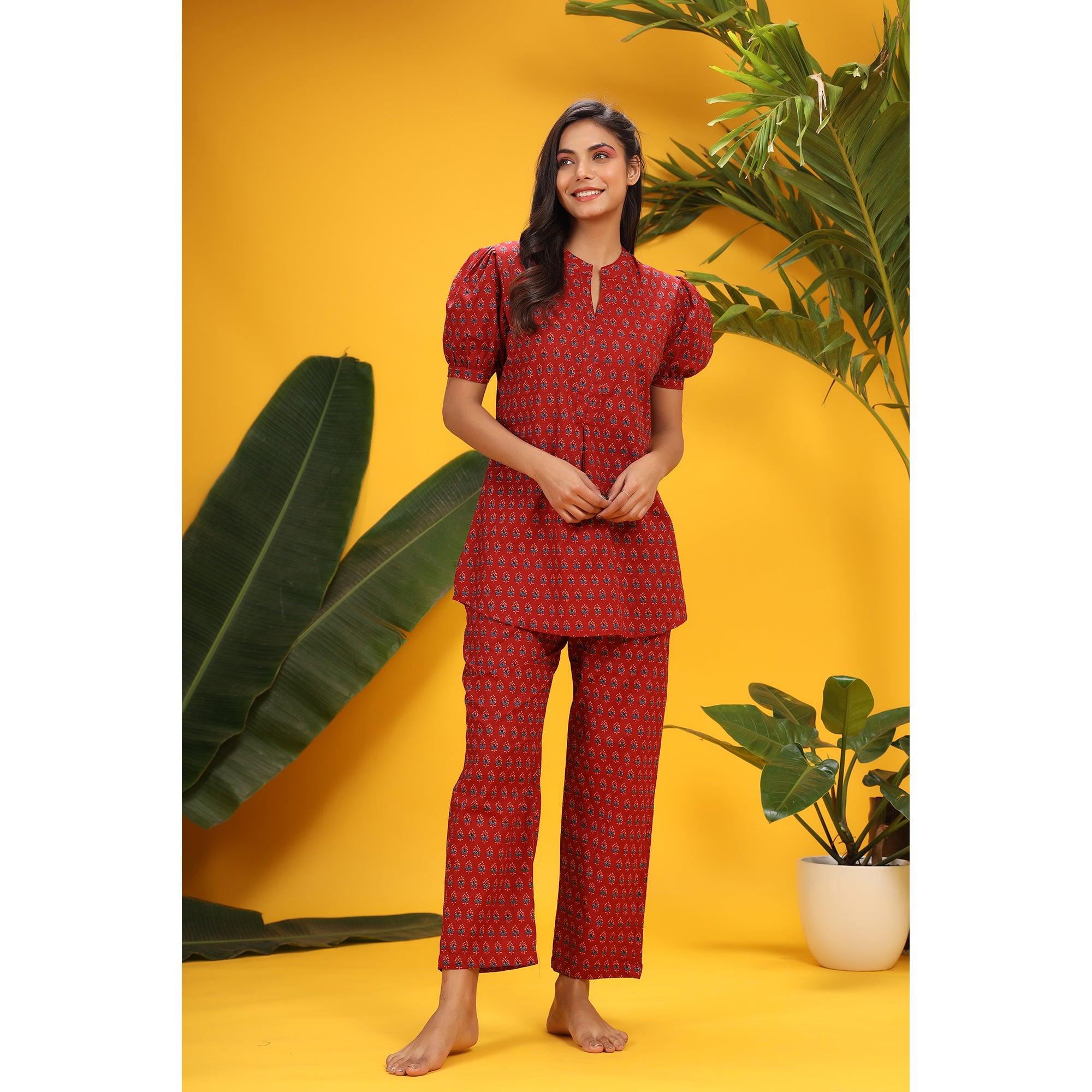Traditional Motifs on Red Loungewear Top Set