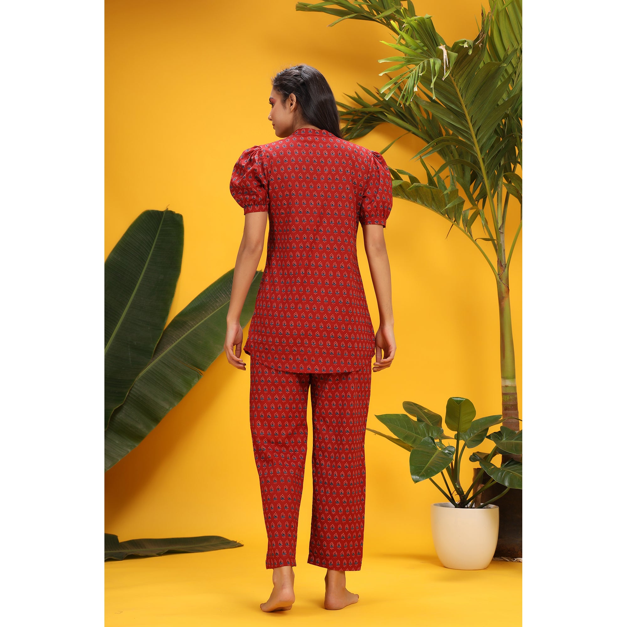Traditional Motifs on Red Loungewear Top Set