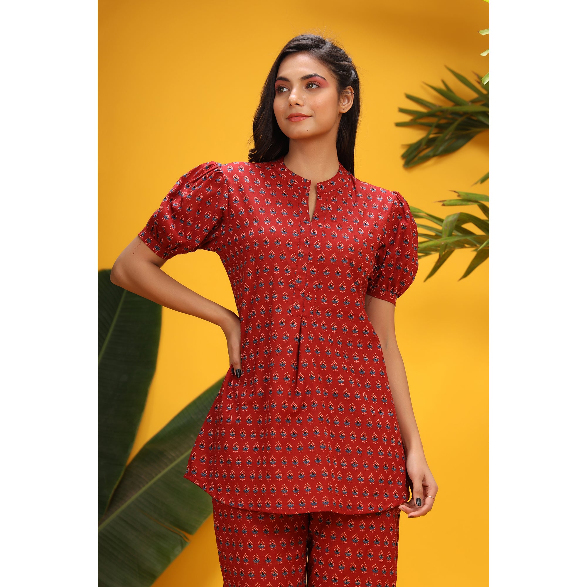 Traditional Motifs on Red Loungewear Top Set