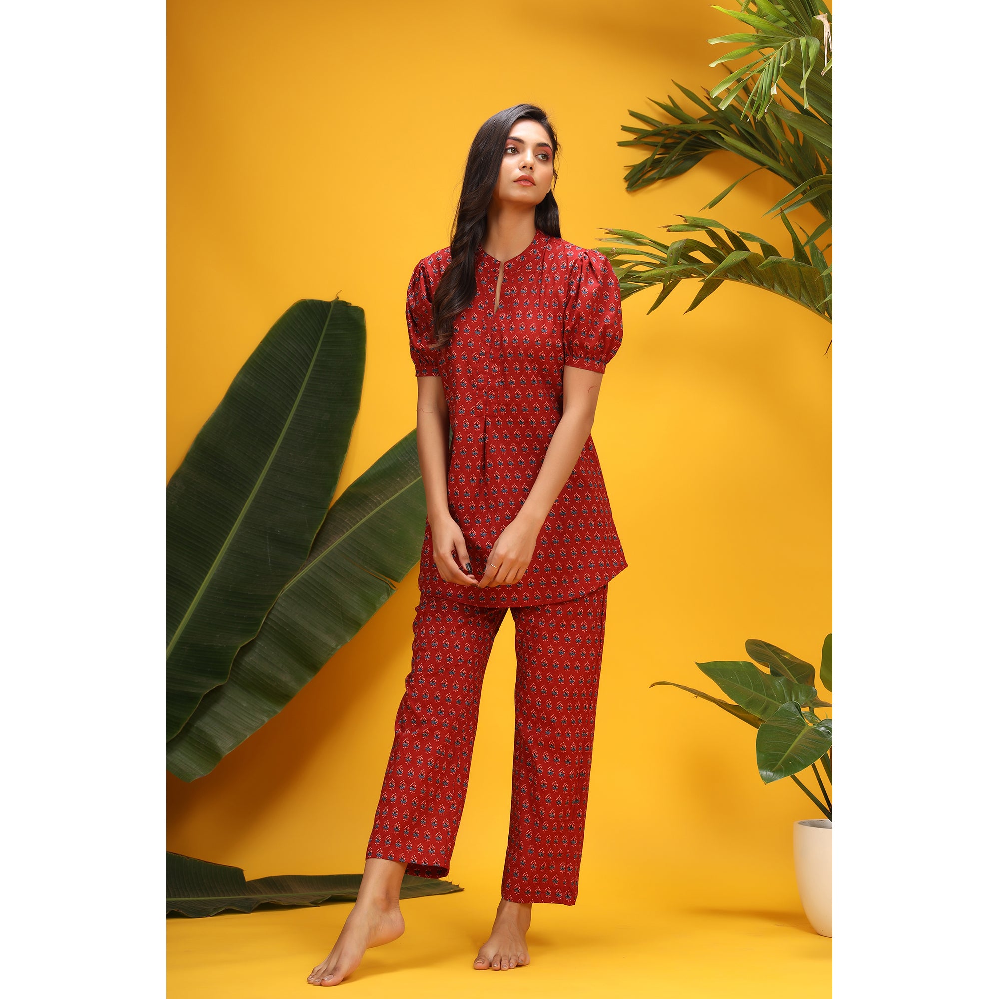 Traditional Motifs on Red Loungewear Top Set
