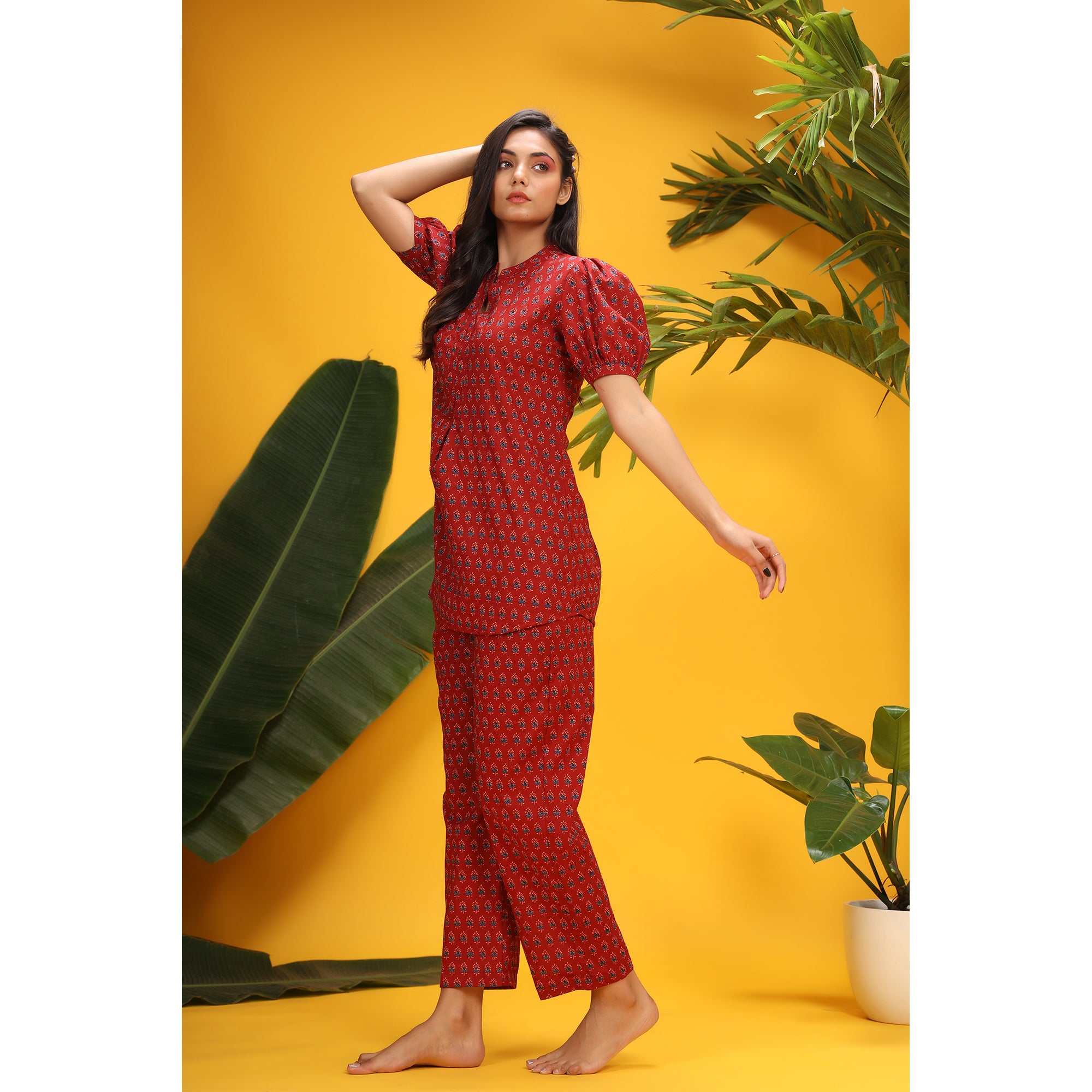 Traditional Motifs on Red Loungewear Top Set