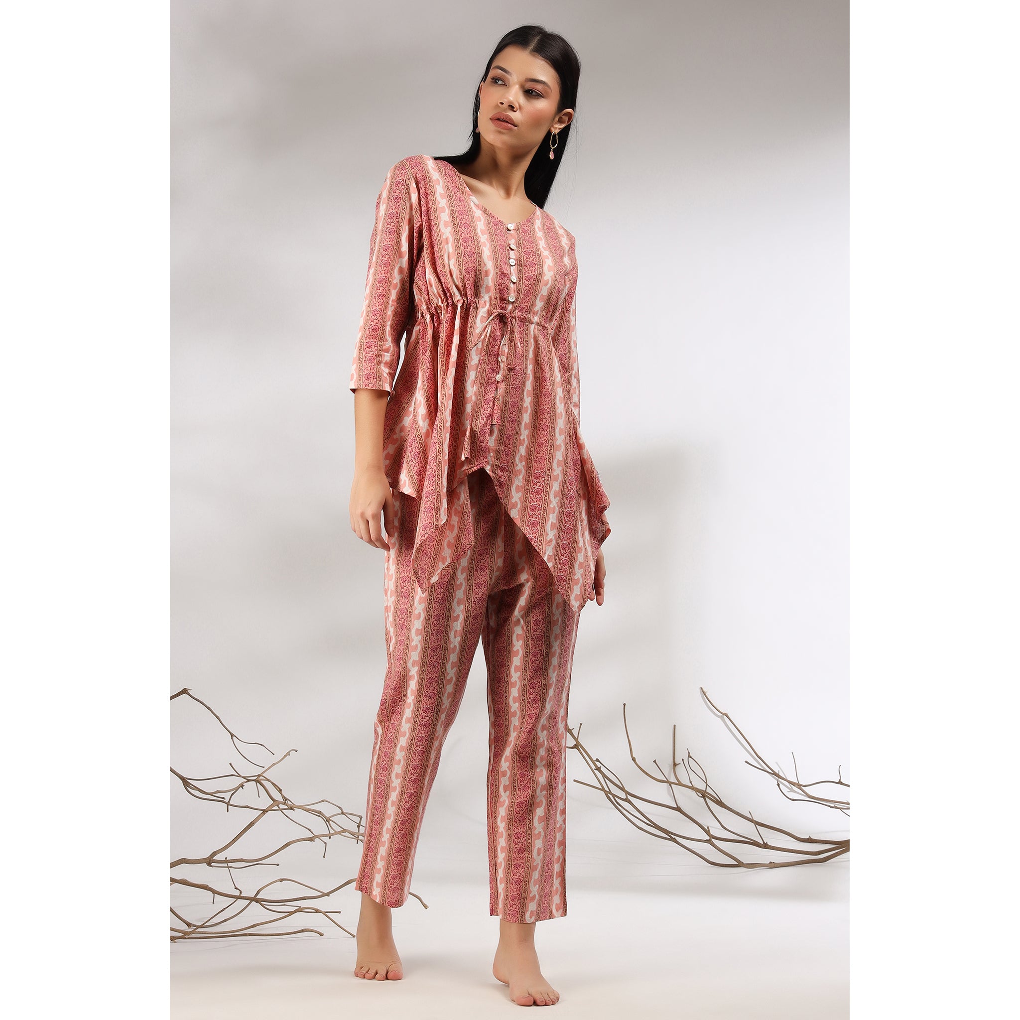 Floral Twines on Asymmetrical Pink Cotton Loungewear Top Set