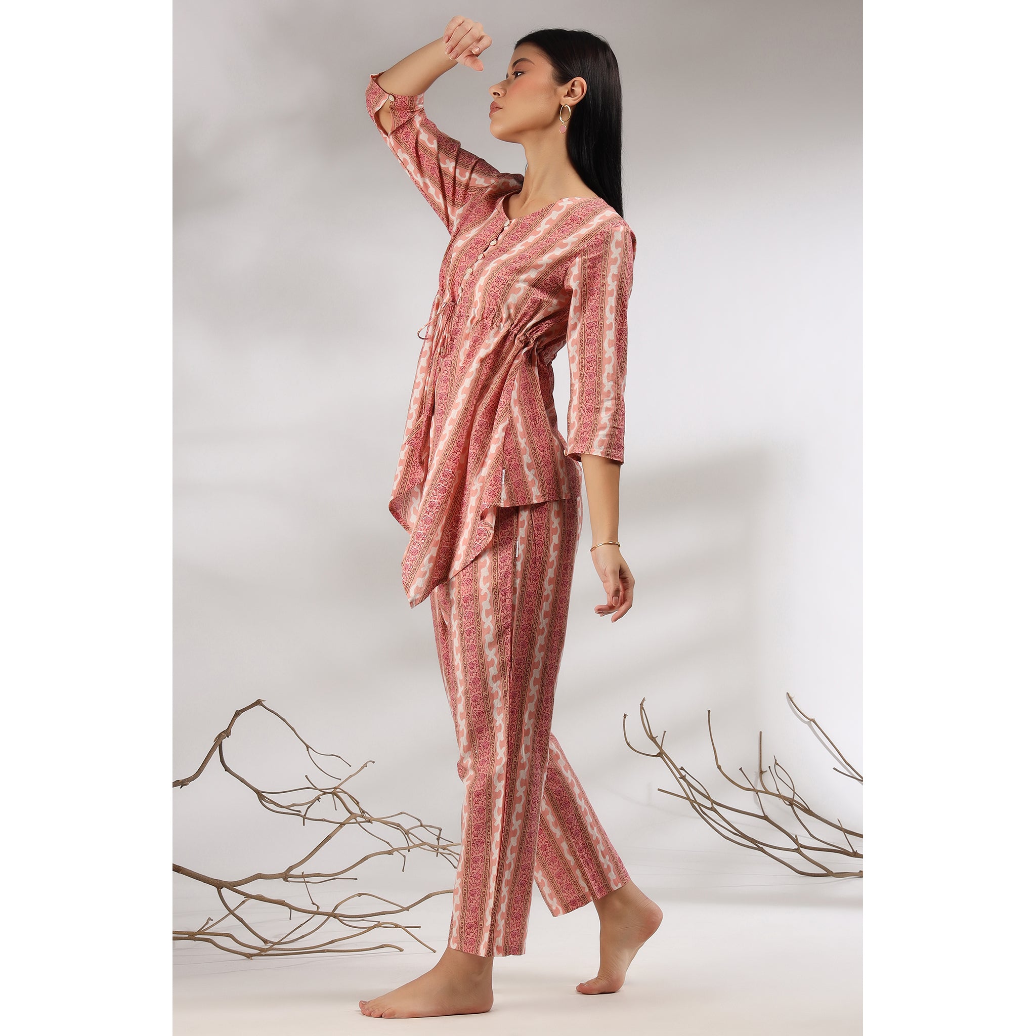 Floral Twines on Asymmetrical Pink Cotton Loungewear Top Set