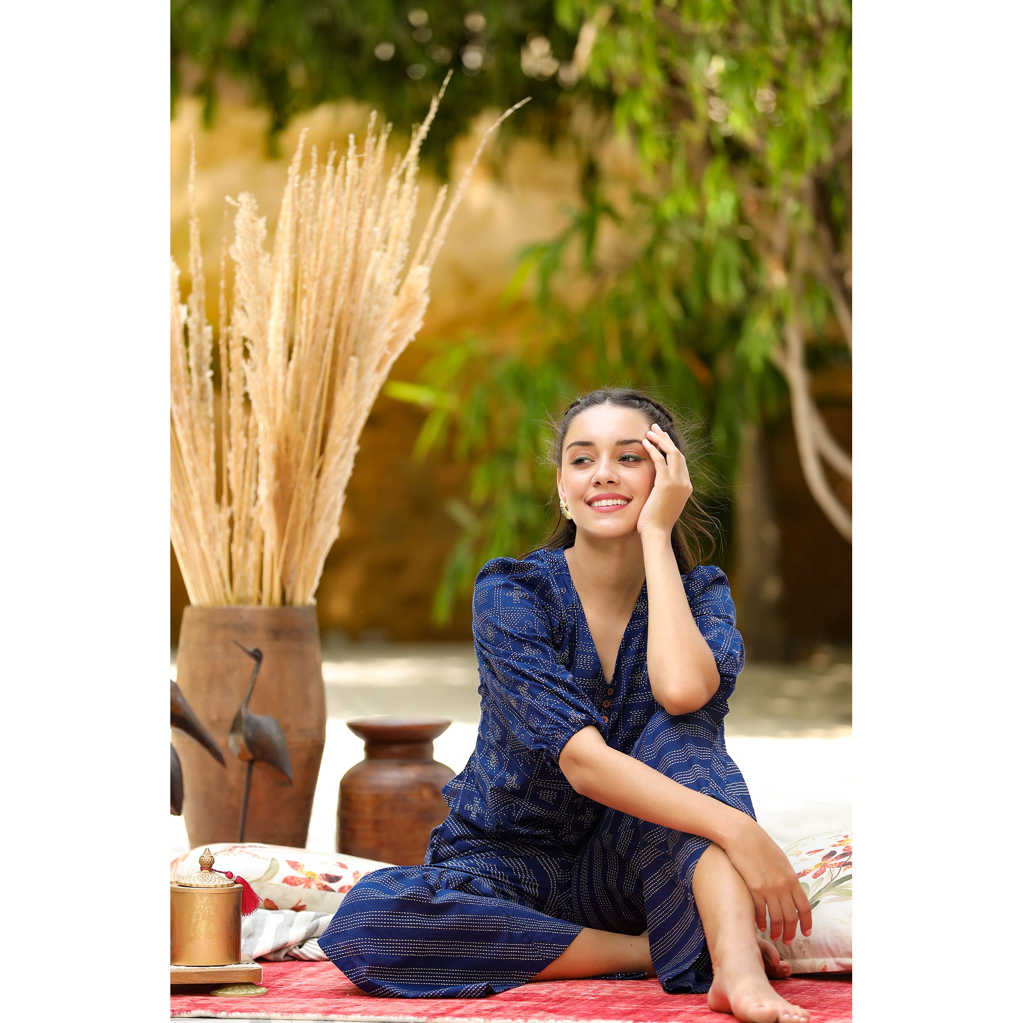 Geometric Shapes with Stripes on Blue Cotton Co-ord Set