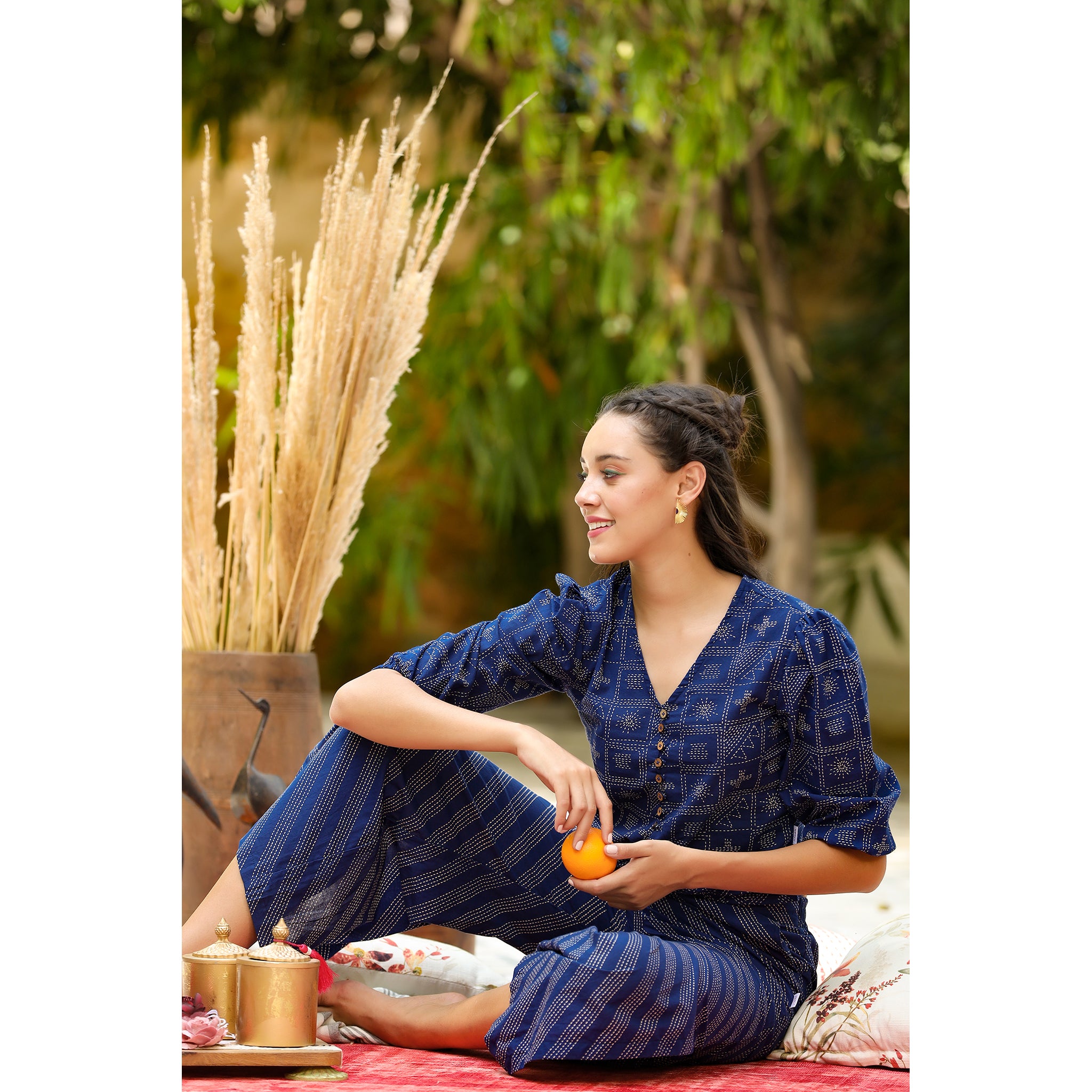 Geometric Shapes with Stripes on Blue Cotton Co-ord Set