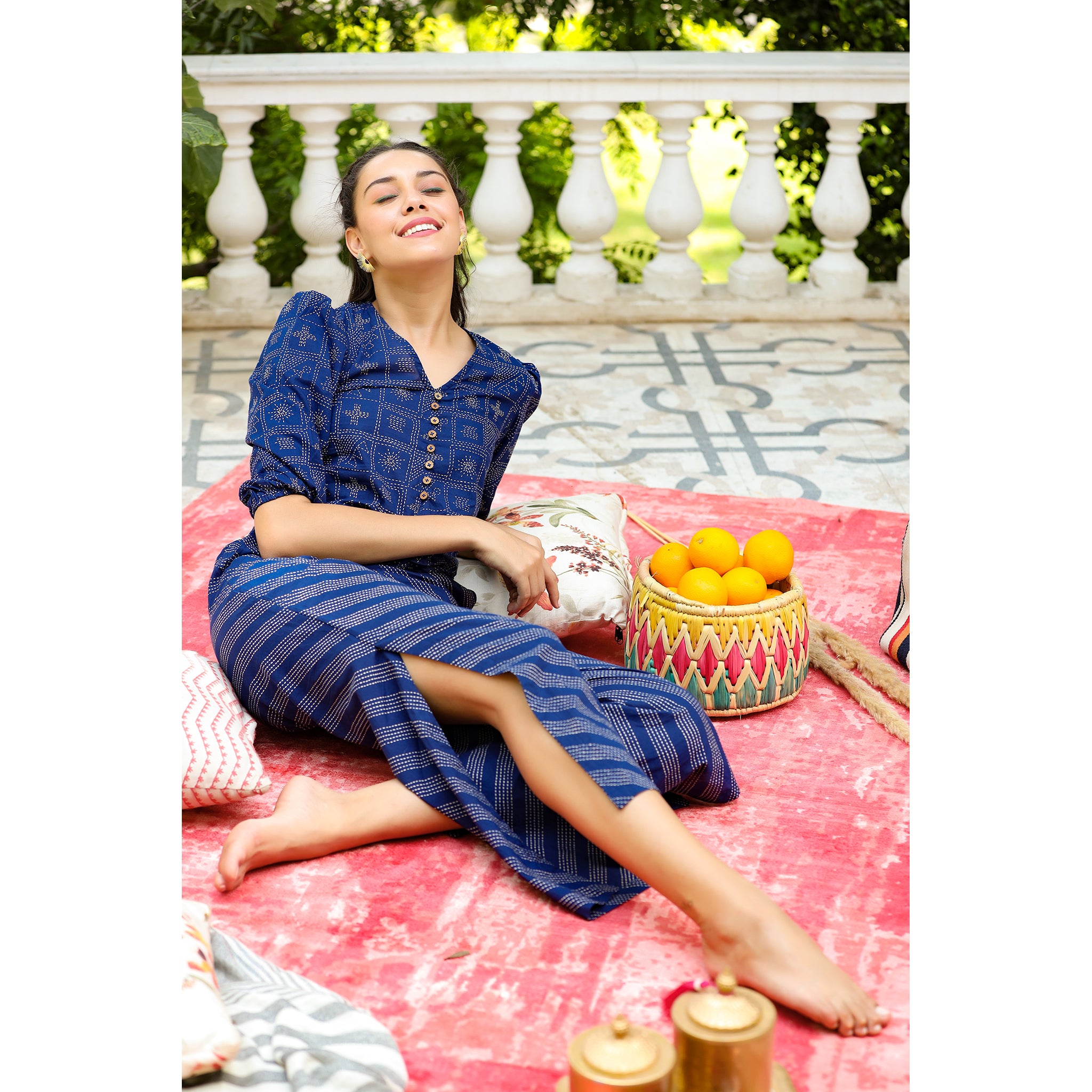 Geometric Shapes with Stripes on Blue Cotton Co-ord Set