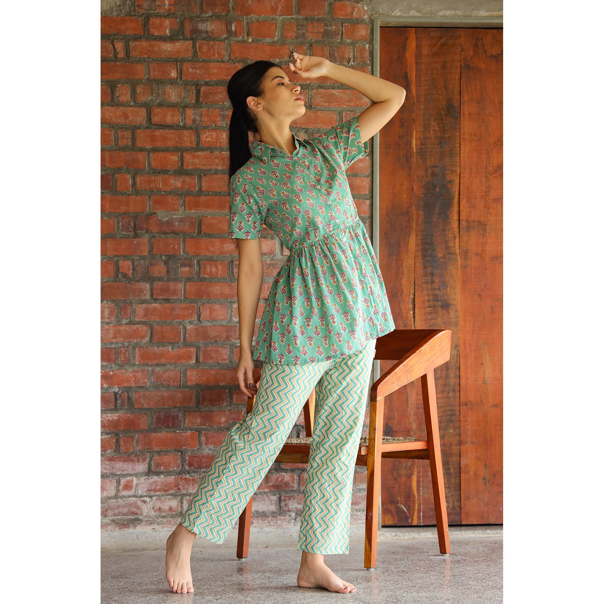 Sunflower with Contrast Stripes on Turquoise Cotton Loungewear Top Set