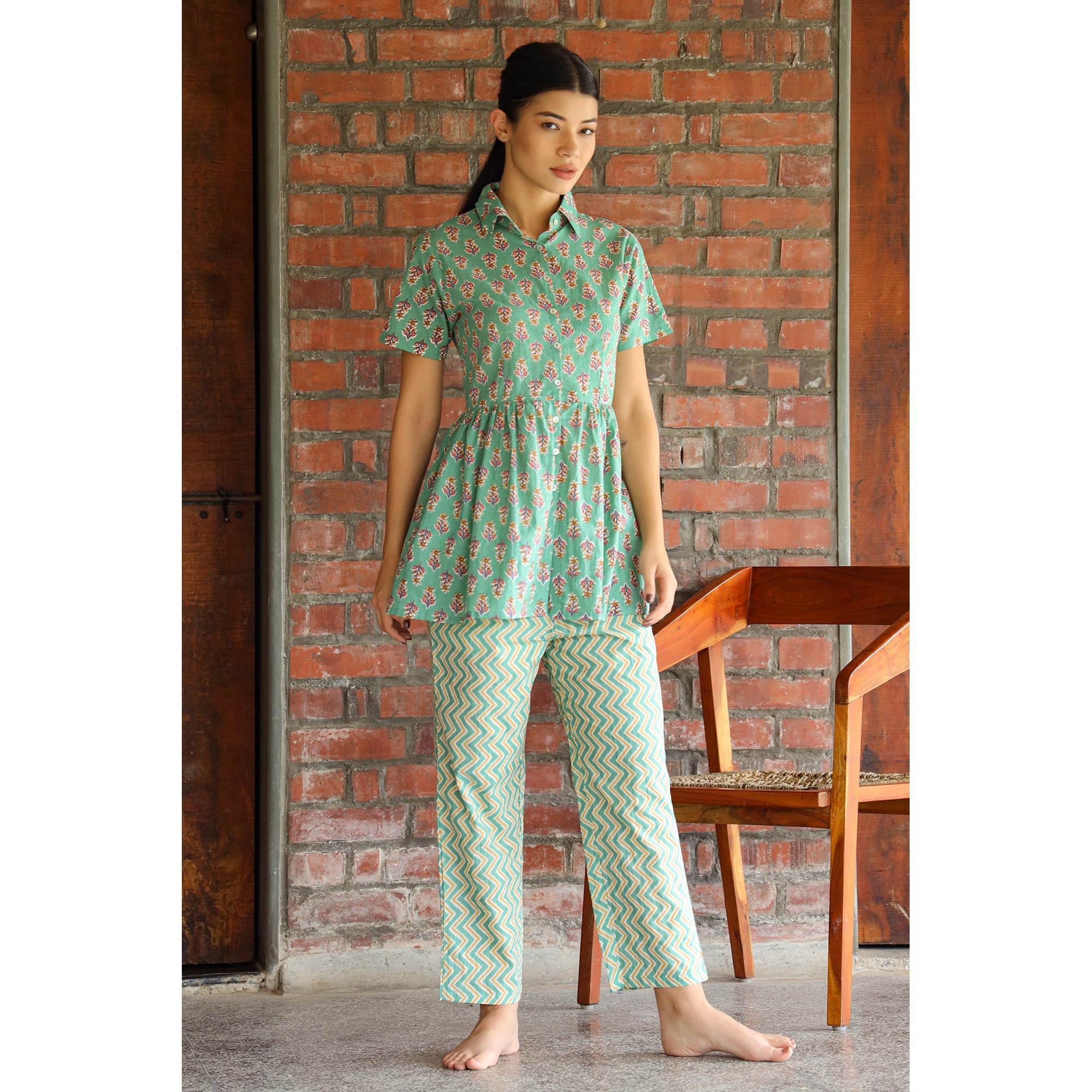 Sunflower with Contrast Stripes on Turquoise Cotton Loungewear Top Set