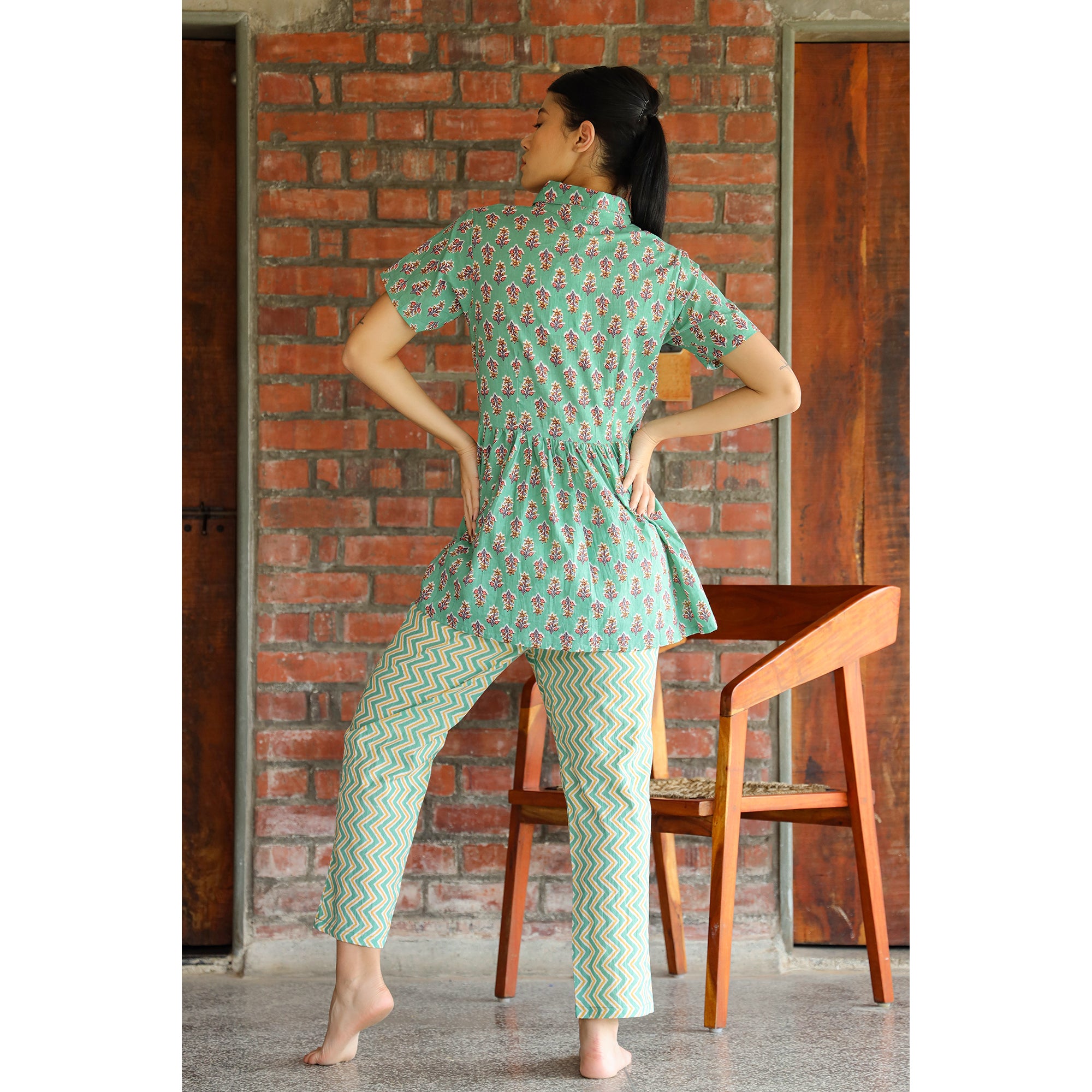 Sunflower with Contrast Stripes on Turquoise Cotton Loungewear Top Set