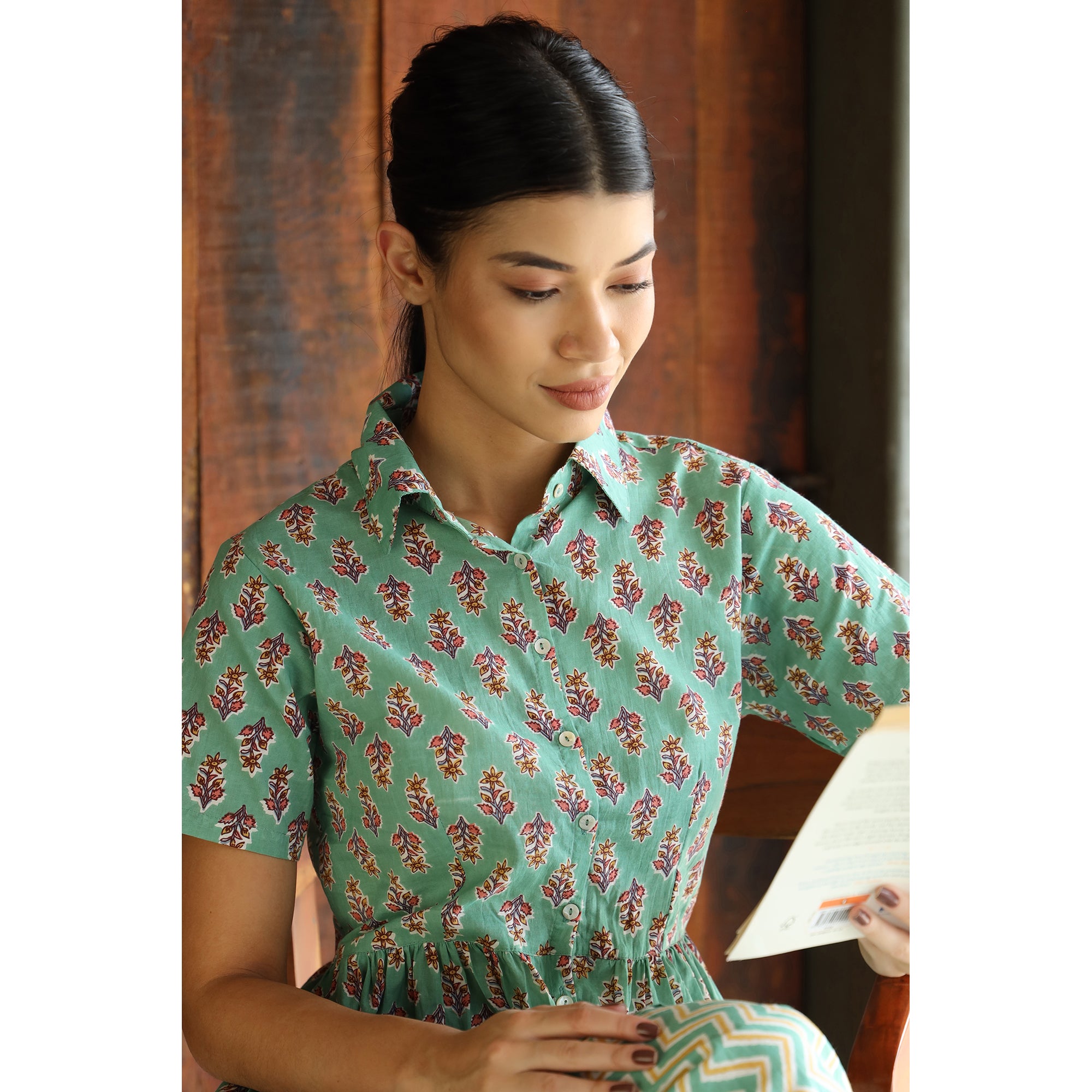 Sunflower with Contrast Stripes on Turquoise Cotton Loungewear Top Set