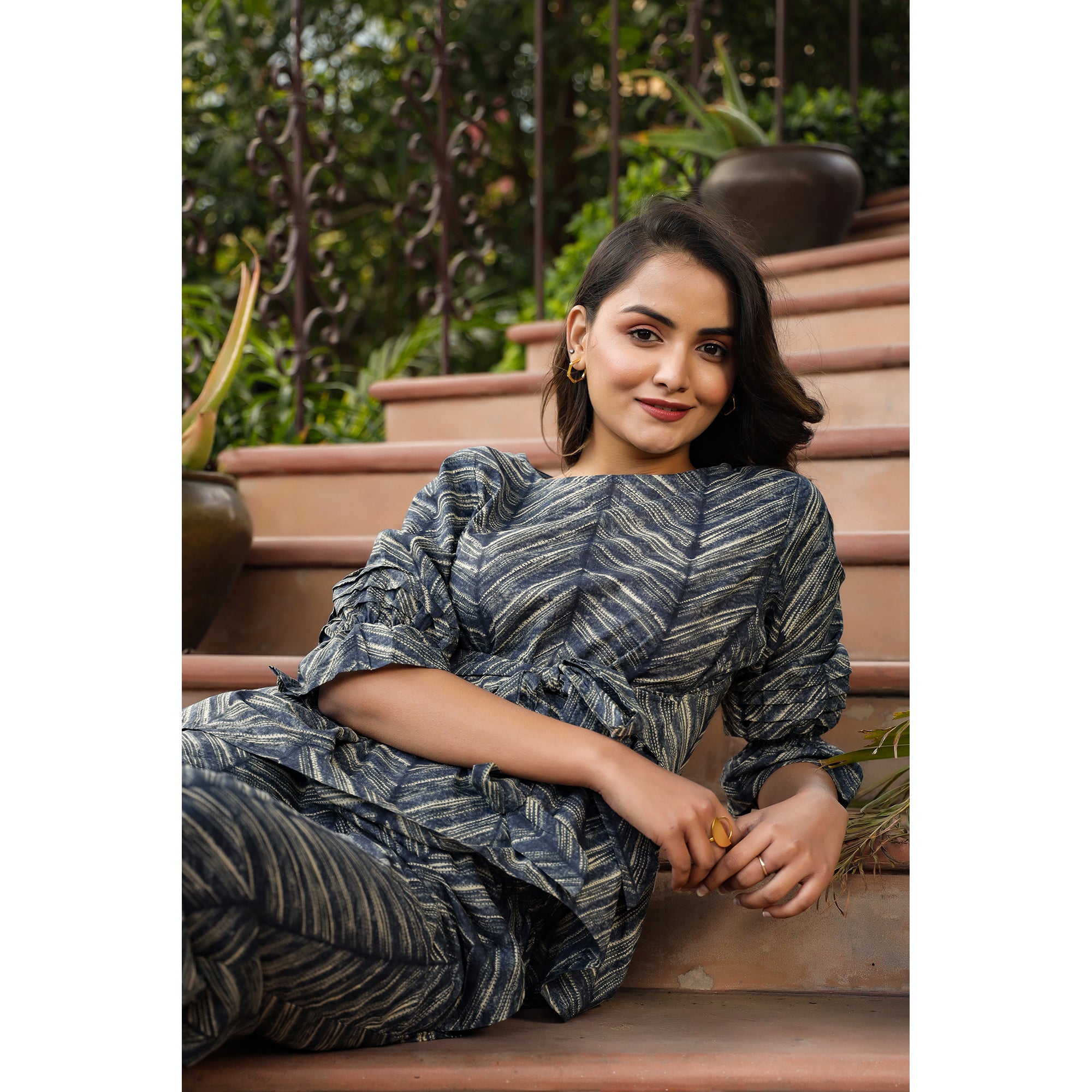 Patterned Shibori front knot on Blue Cotton Co-ord Set