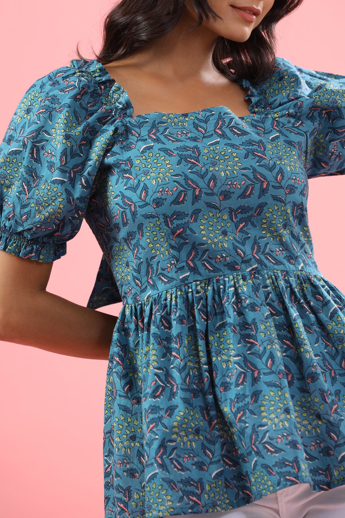 Gardenia on Blue Cotton Top