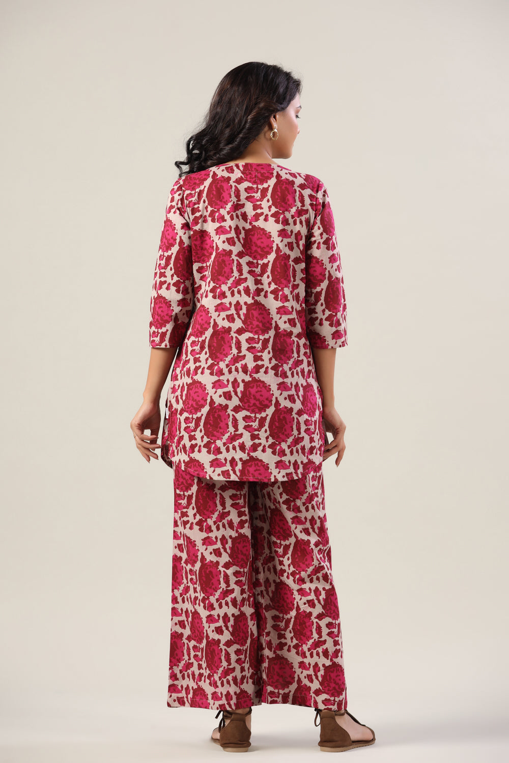 Pink Abstract on Grey Cotton Palazzo Loungewear Set