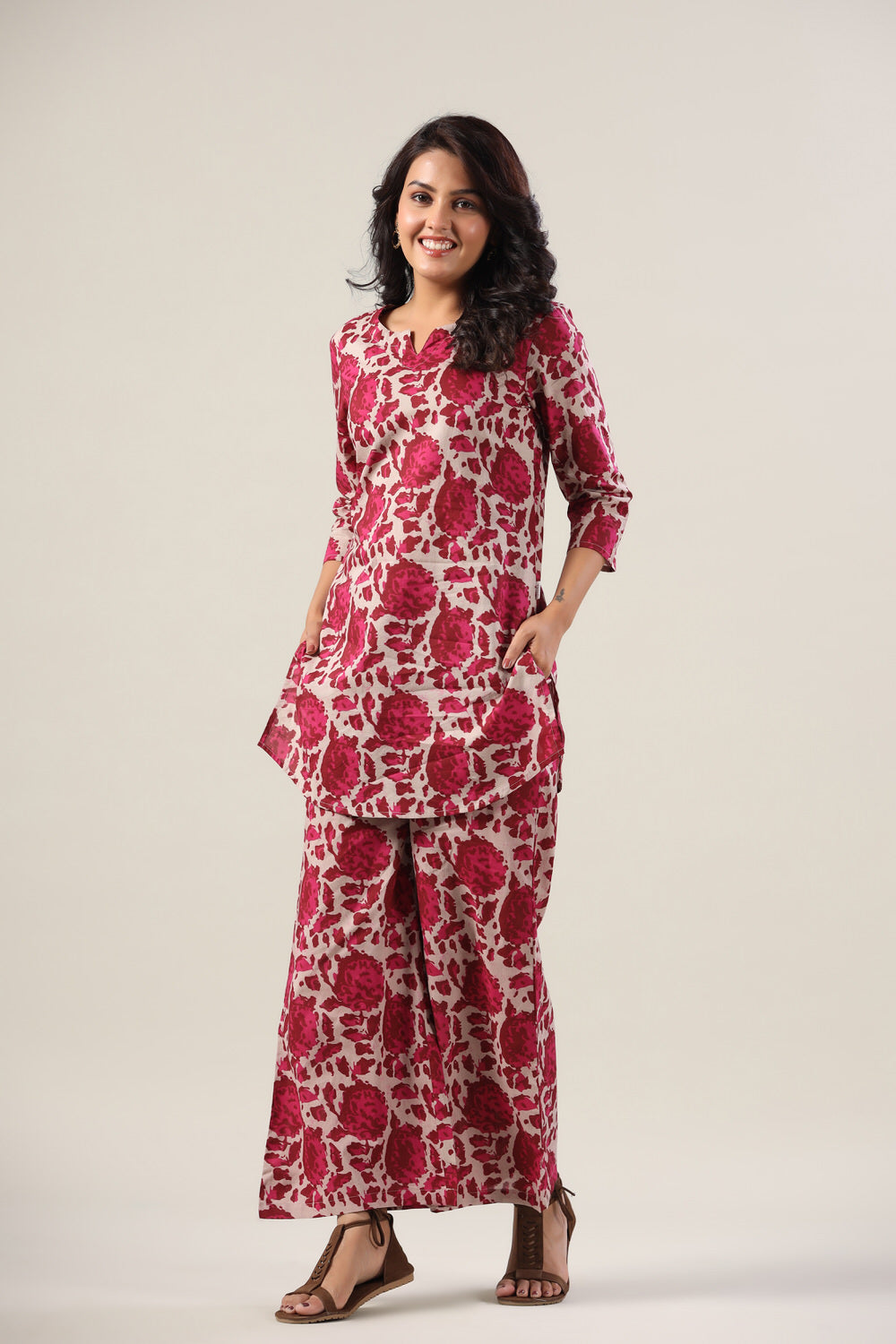 Pink Abstract on Grey Cotton Palazzo Loungewear Set