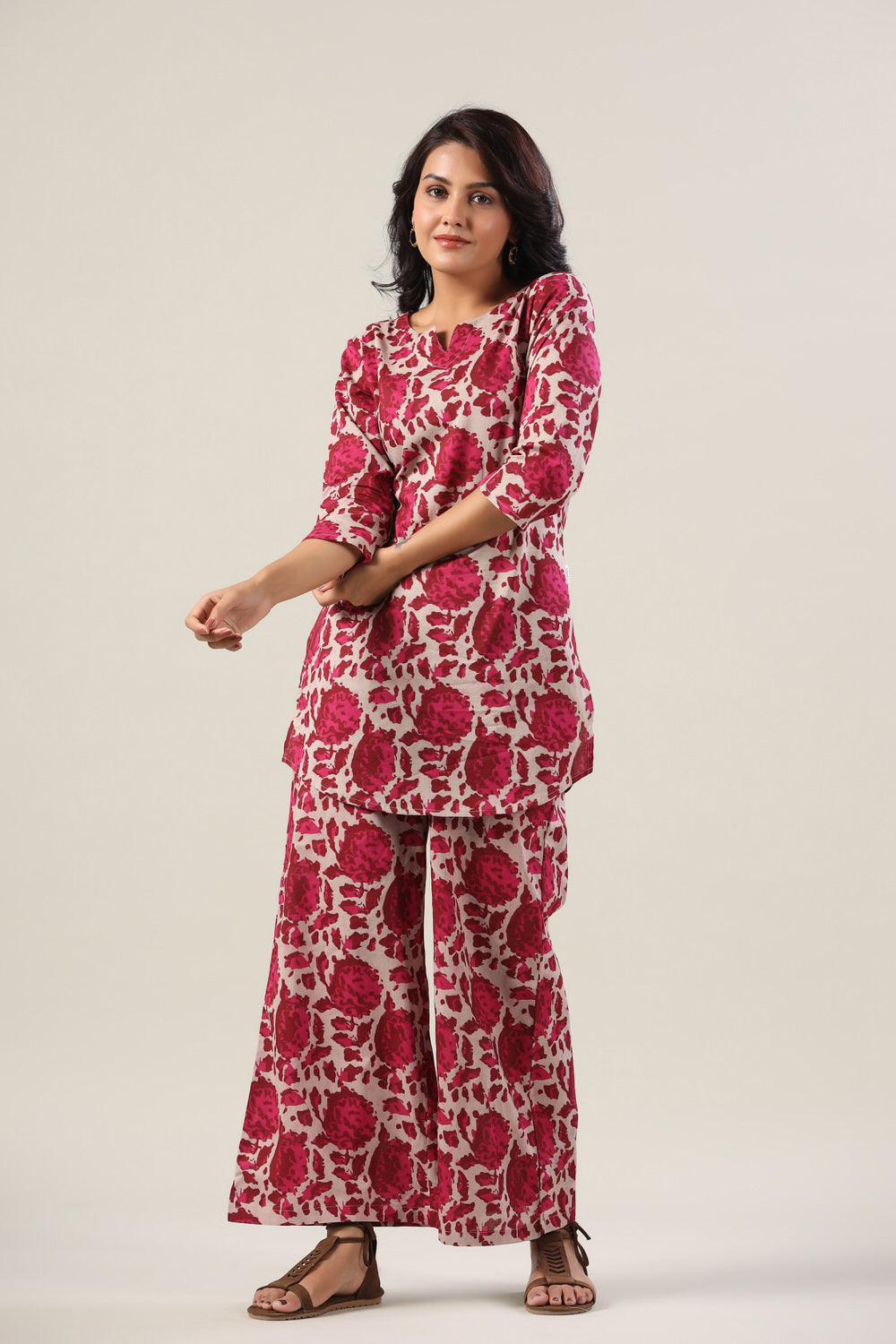 Pink Abstract on Grey Cotton Palazzo Loungewear Set