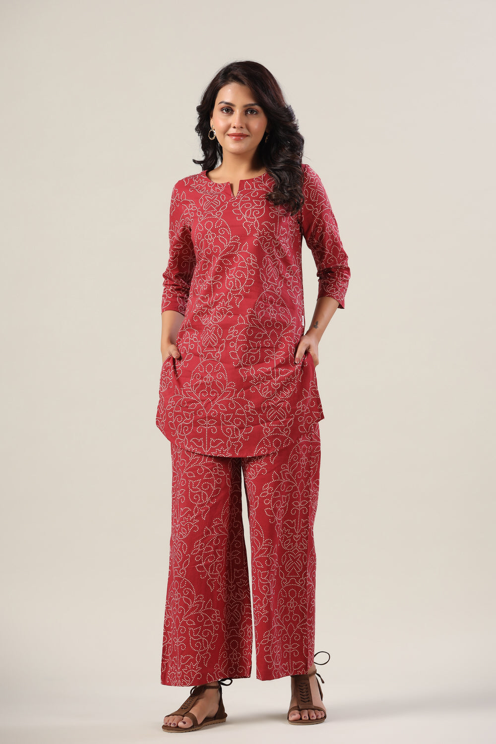 Floral Bandhej Dots on Maroon Cotton Palazzo Loungewear Set