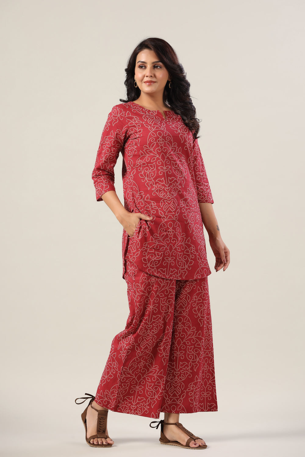 Floral Bandhej Dots on Maroon Cotton Palazzo Loungewear Set