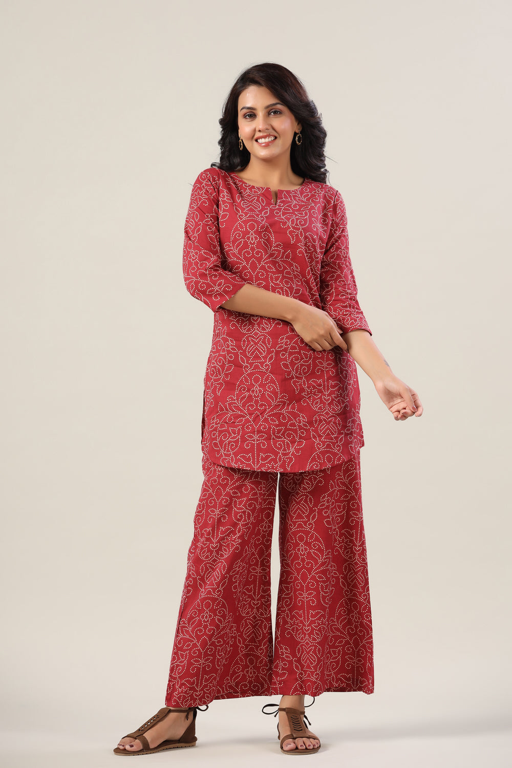 Floral Bandhej Dots on Maroon Cotton Palazzo Loungewear Set