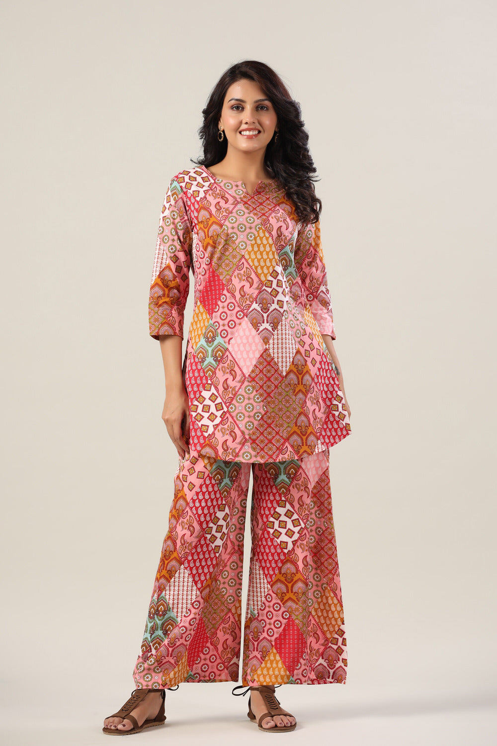 Pink Print Collage on Cotton Palazzo Loungewear Set