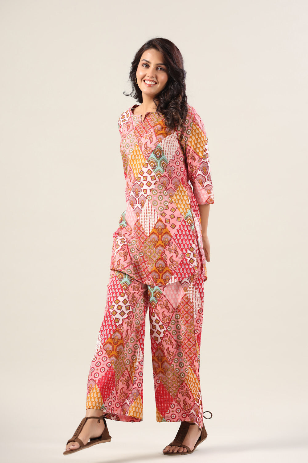 Pink Print Collage on Cotton Palazzo Loungewear Set