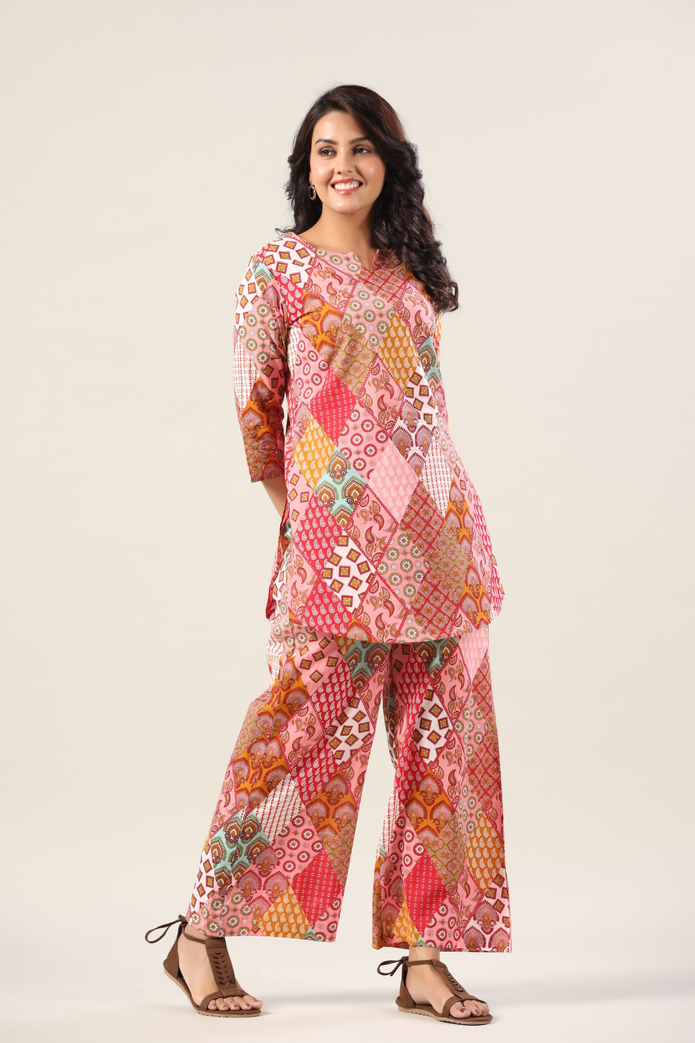 Pink Print Collage on Cotton Palazzo Loungewear Set