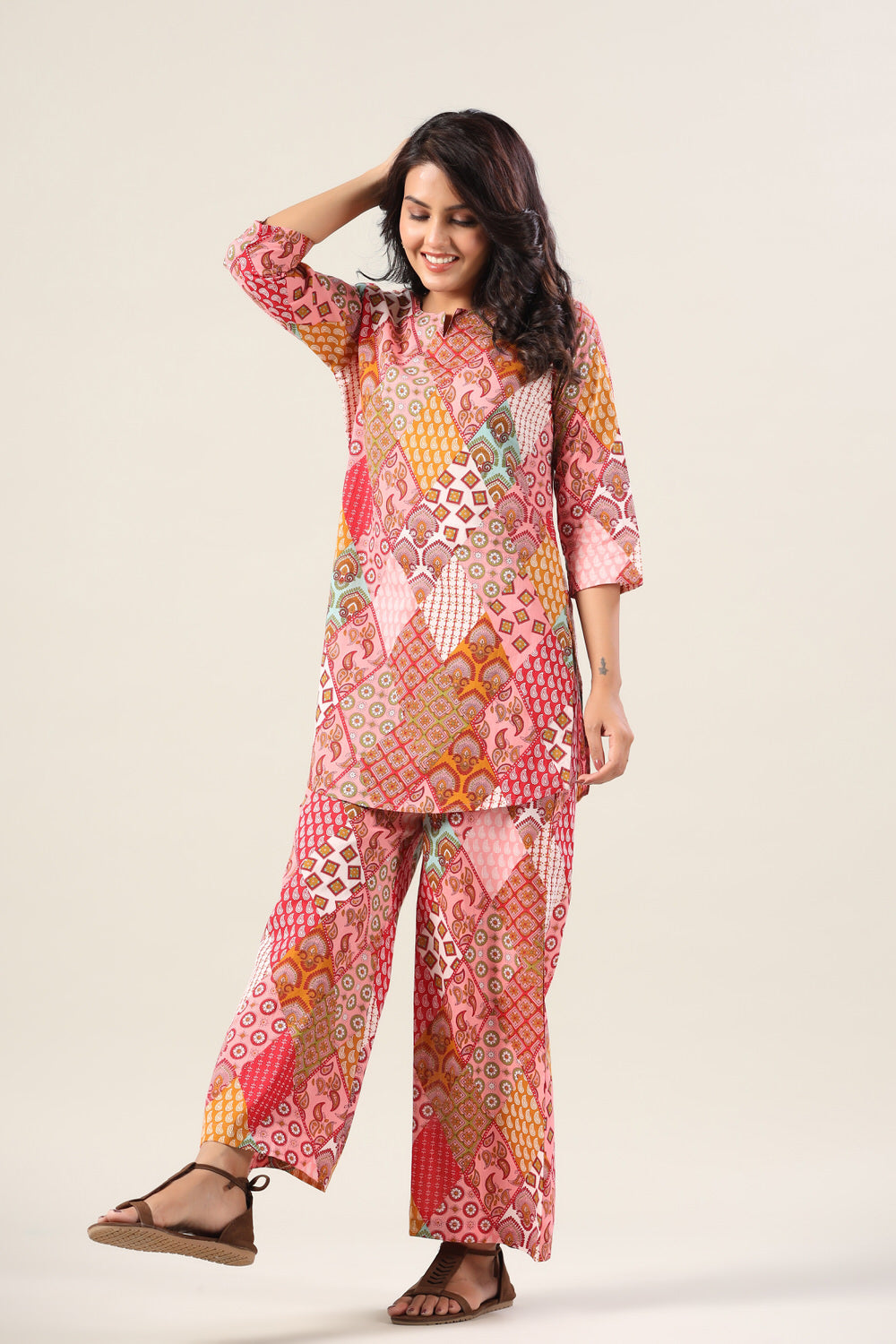Pink Print Collage on Cotton Palazzo Loungewear Set
