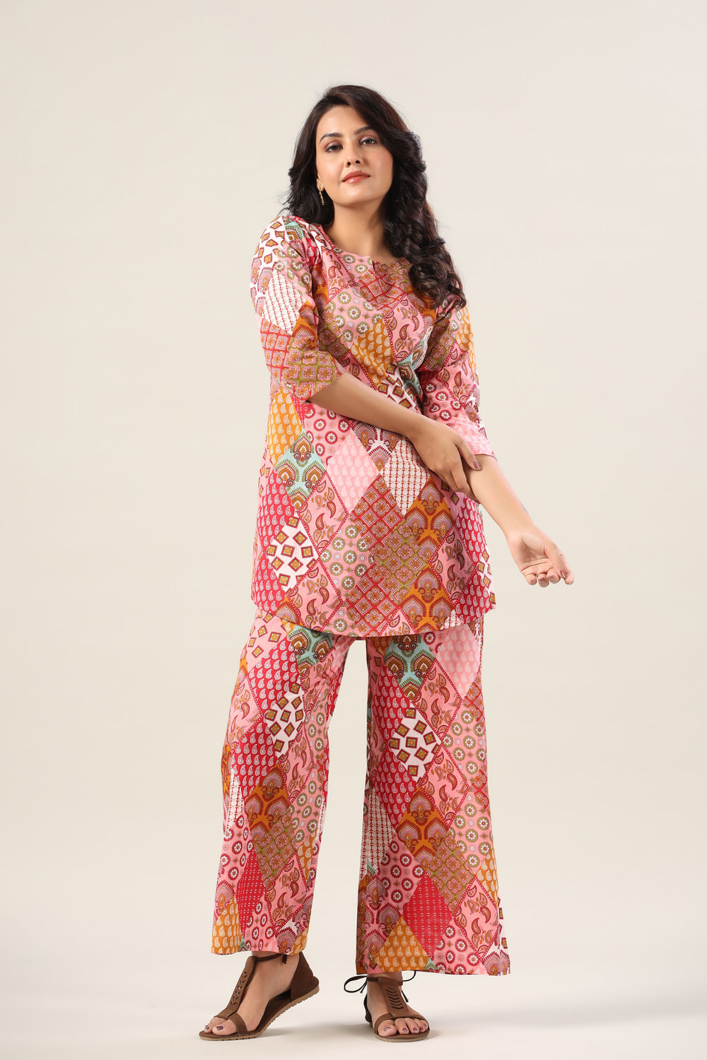 Pink Print Collage on Cotton Palazzo Loungewear Set