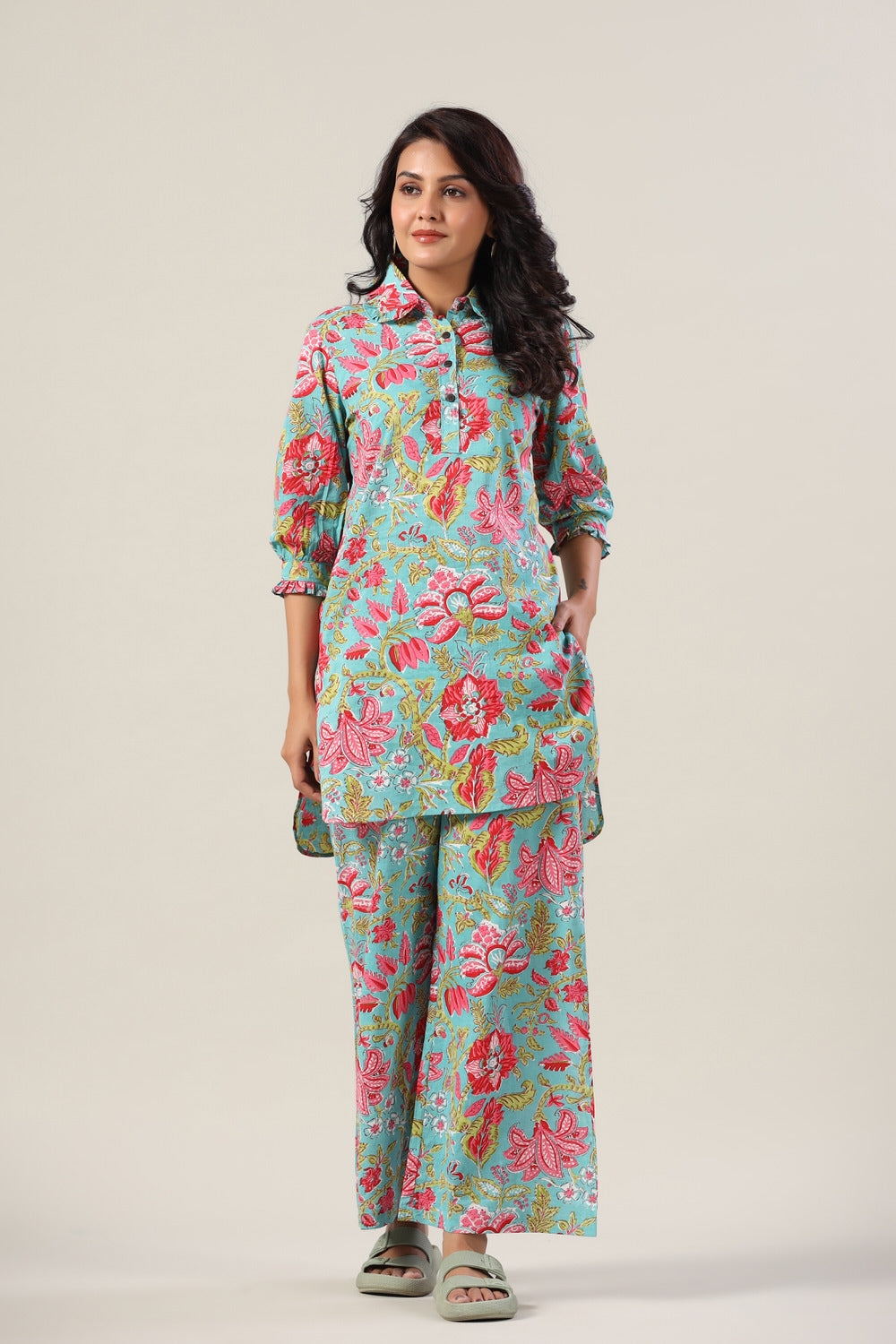 Jaal on Blue Collared Cotton Palazzo Loungewear Set