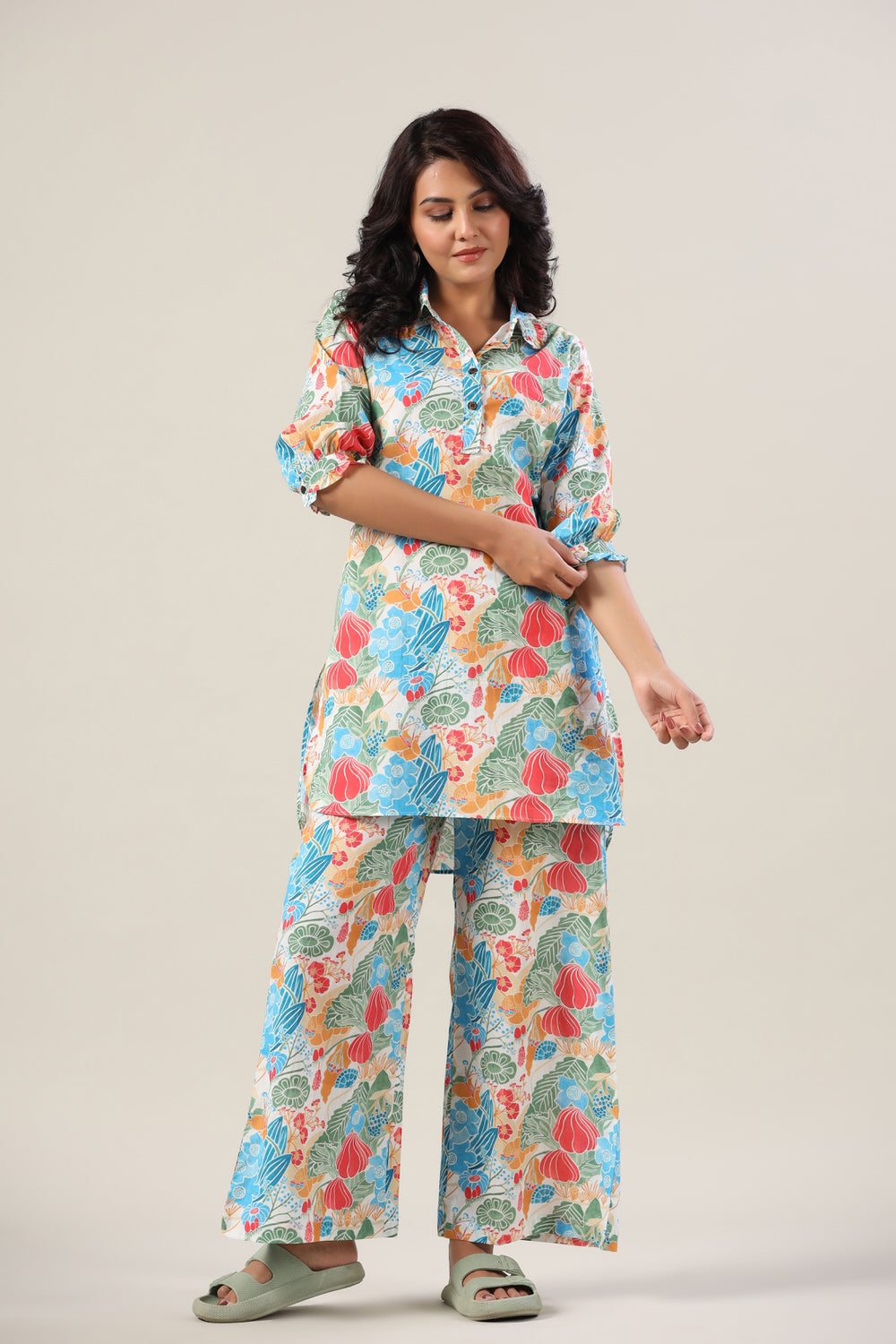 Floral Jaal on Collared Cotton Palazzo Loungewear Set