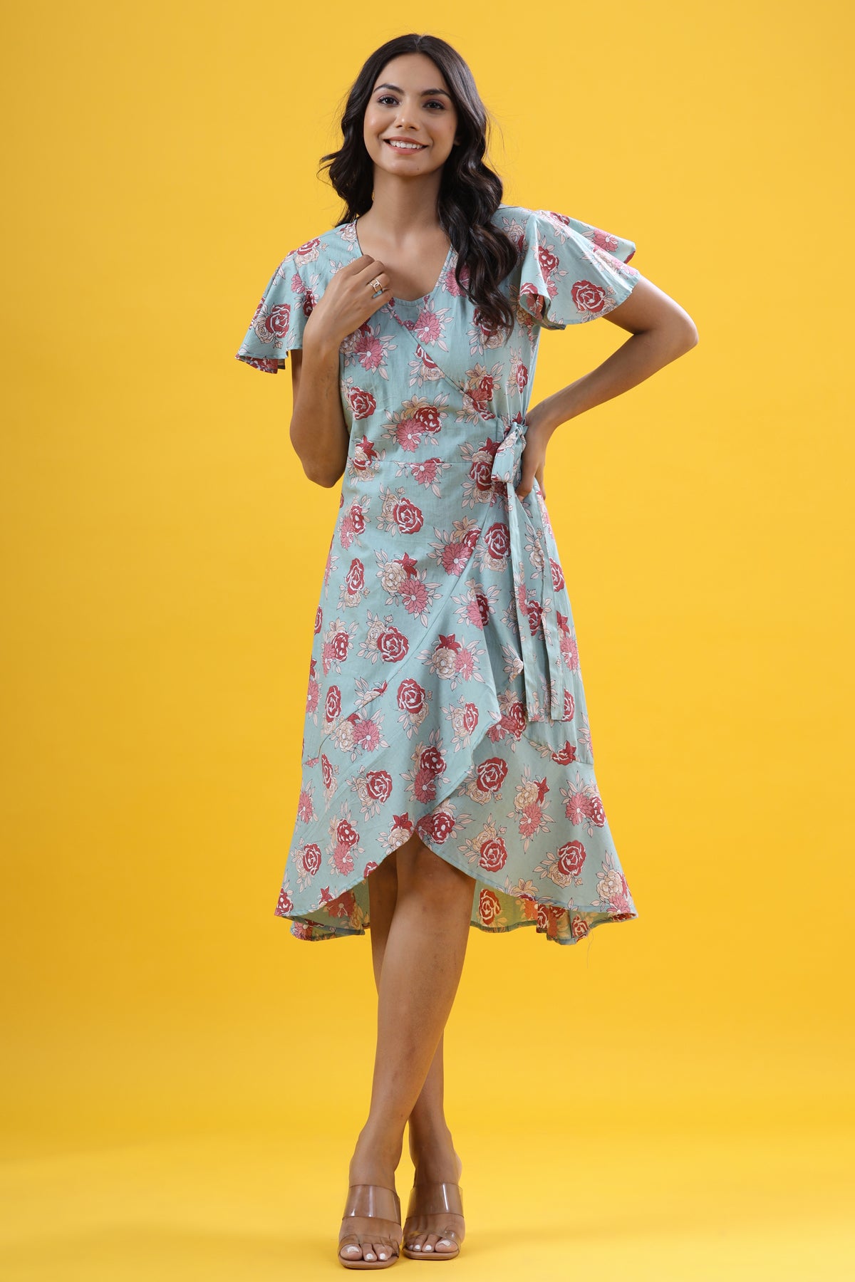 Gardenia on Sea Green Wrap Around Cotton Dress