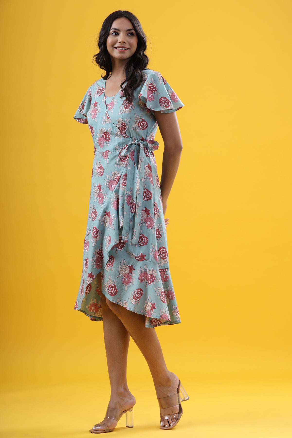 Gardenia on Sea Green Wrap Around Cotton Dress