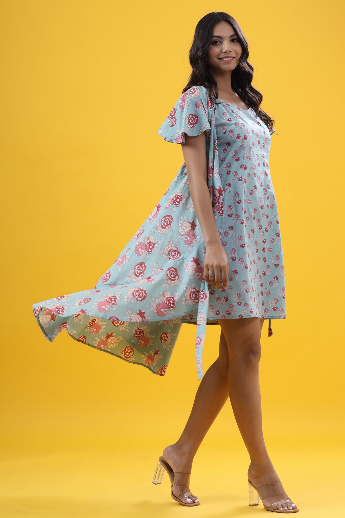 Gardenia on Sea Green Wrap Around Cotton Dress