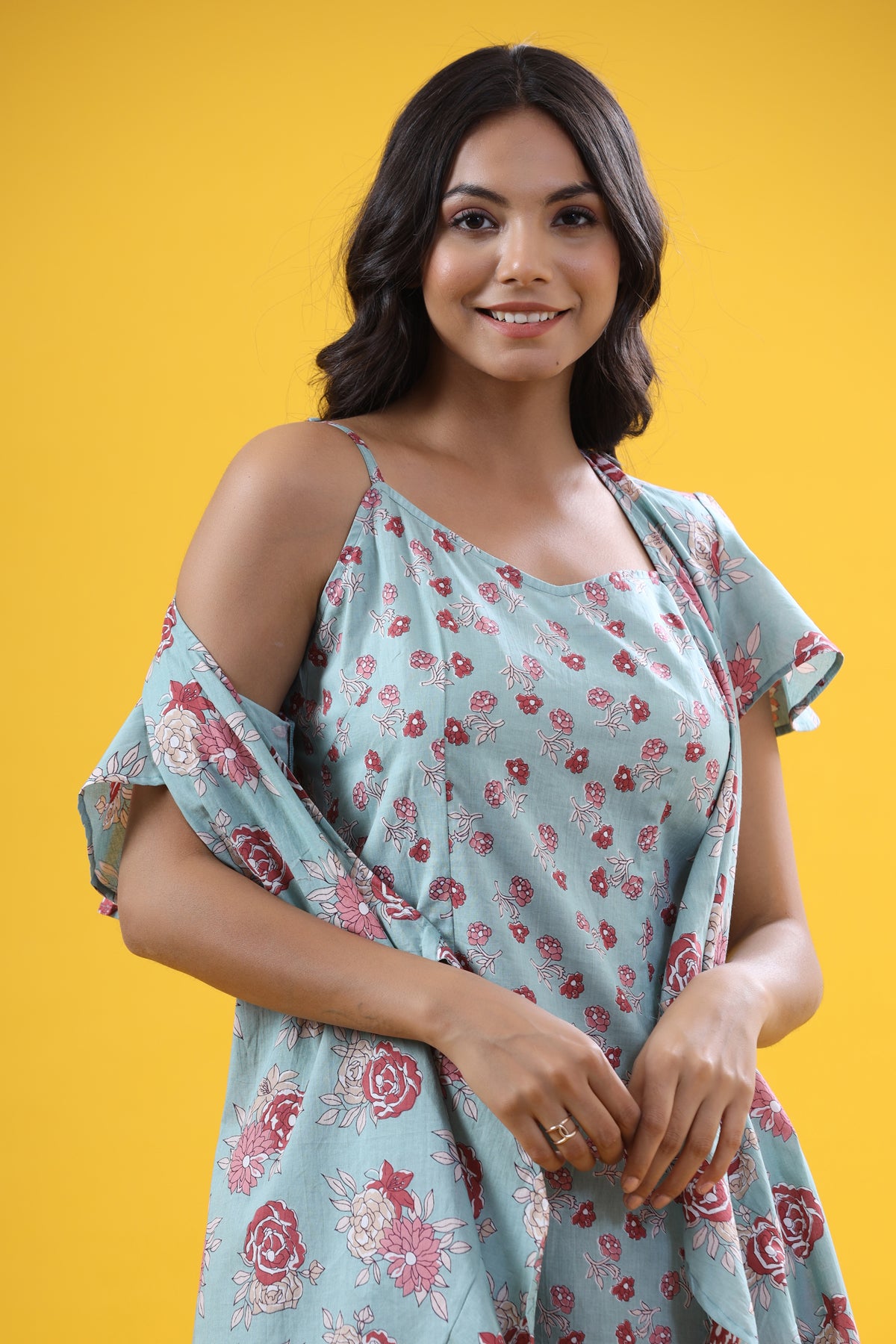 Gardenia on Sea Green Wrap Around Cotton Dress