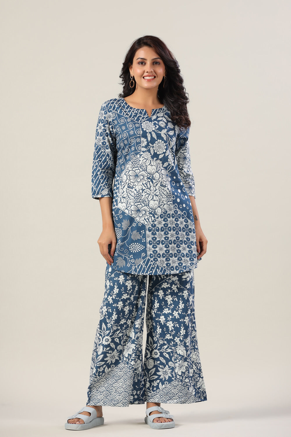 Indigo Patches on Cotton Palazzo Loungewear Set