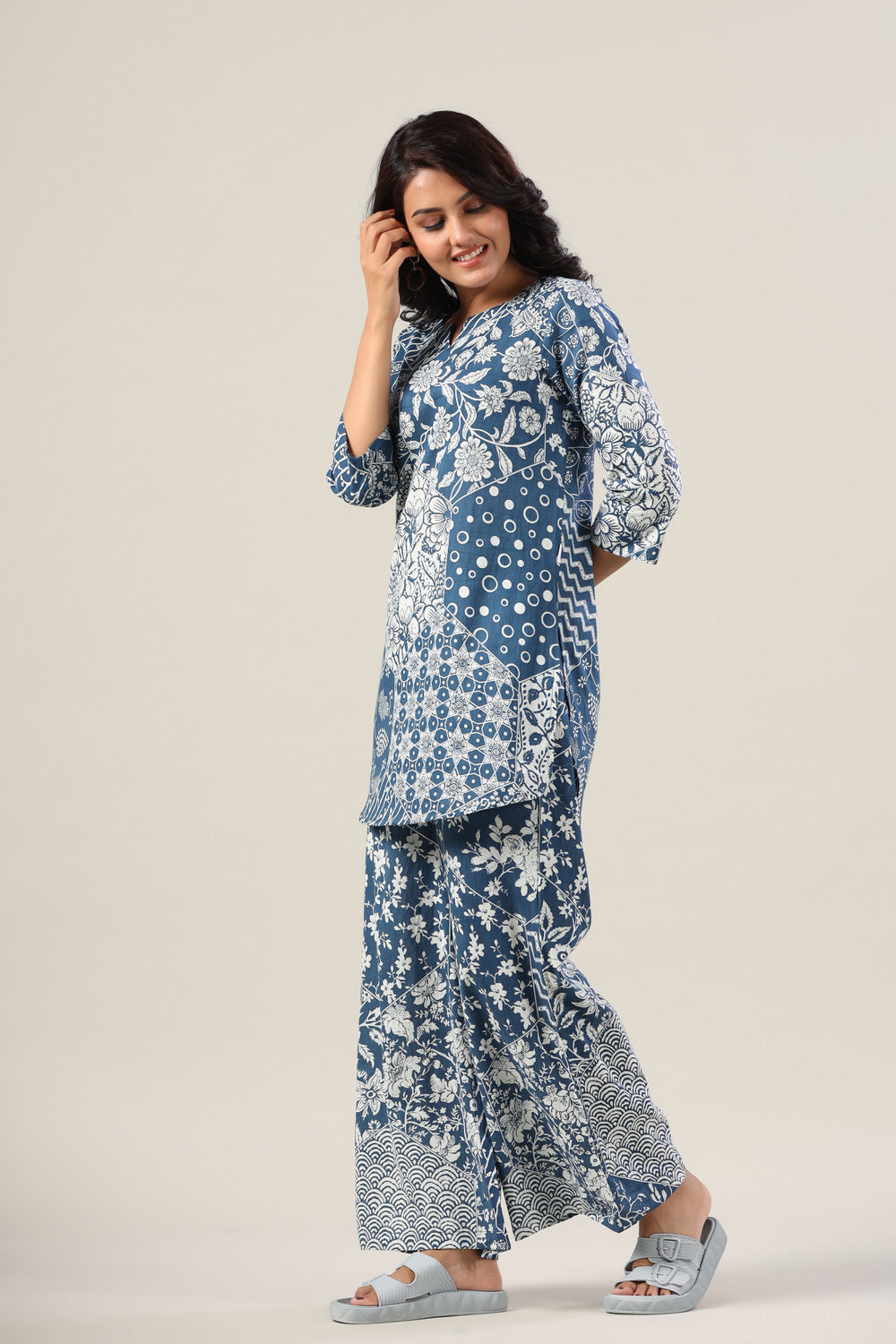 Indigo Patches on Cotton Palazzo Loungewear Set