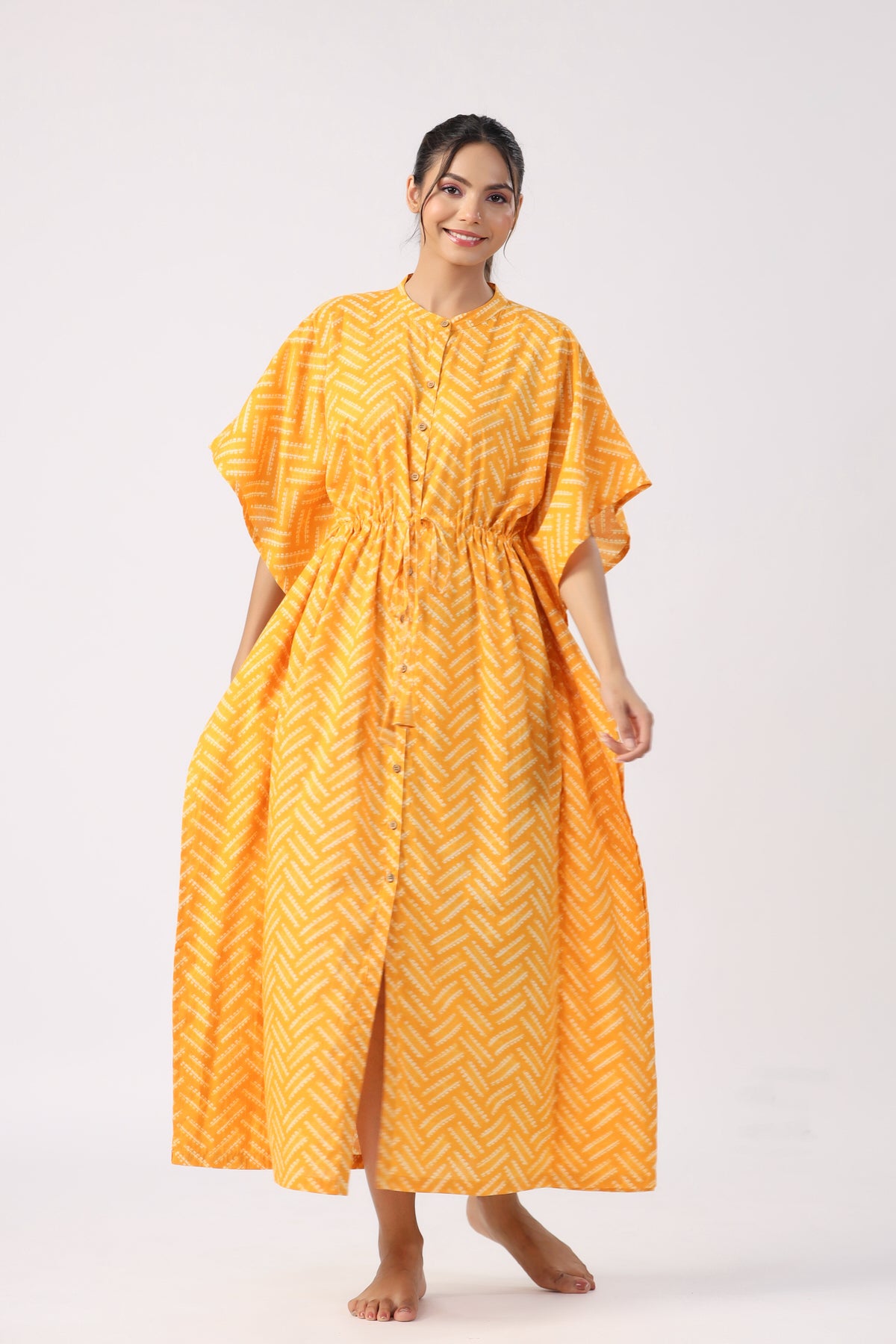 Canary Stripe Cotton Front Buttoned Kaftan